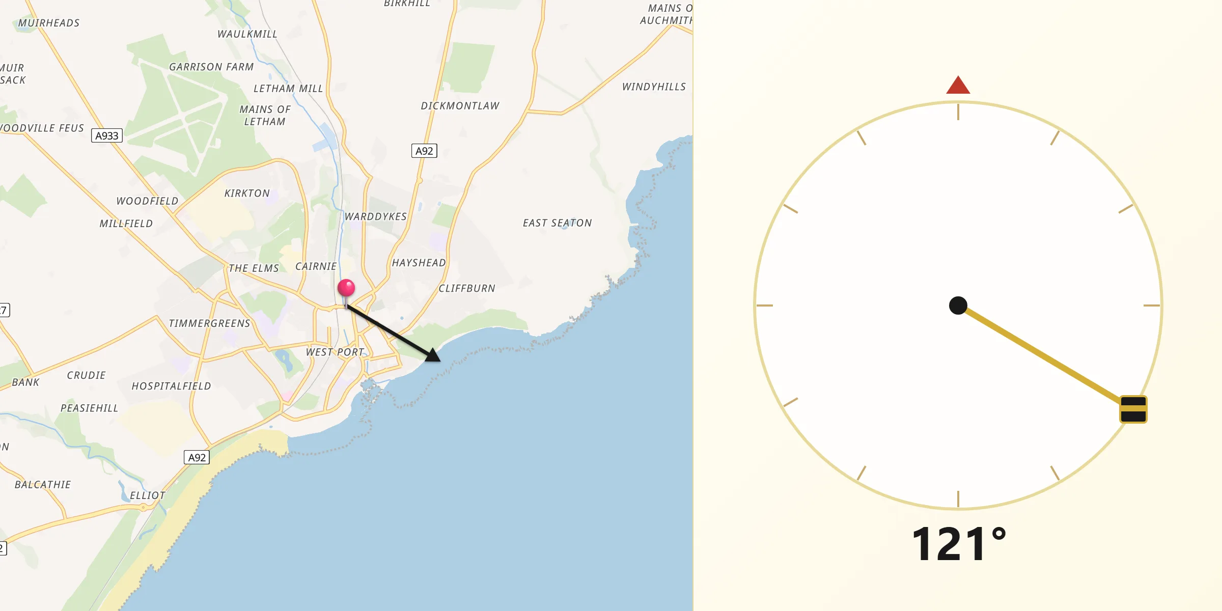 Qibla Direction from Arbroath