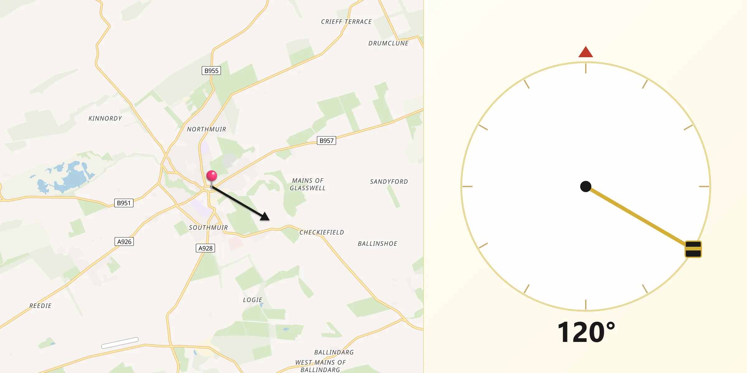 Qibla Direction from Kirriemuir