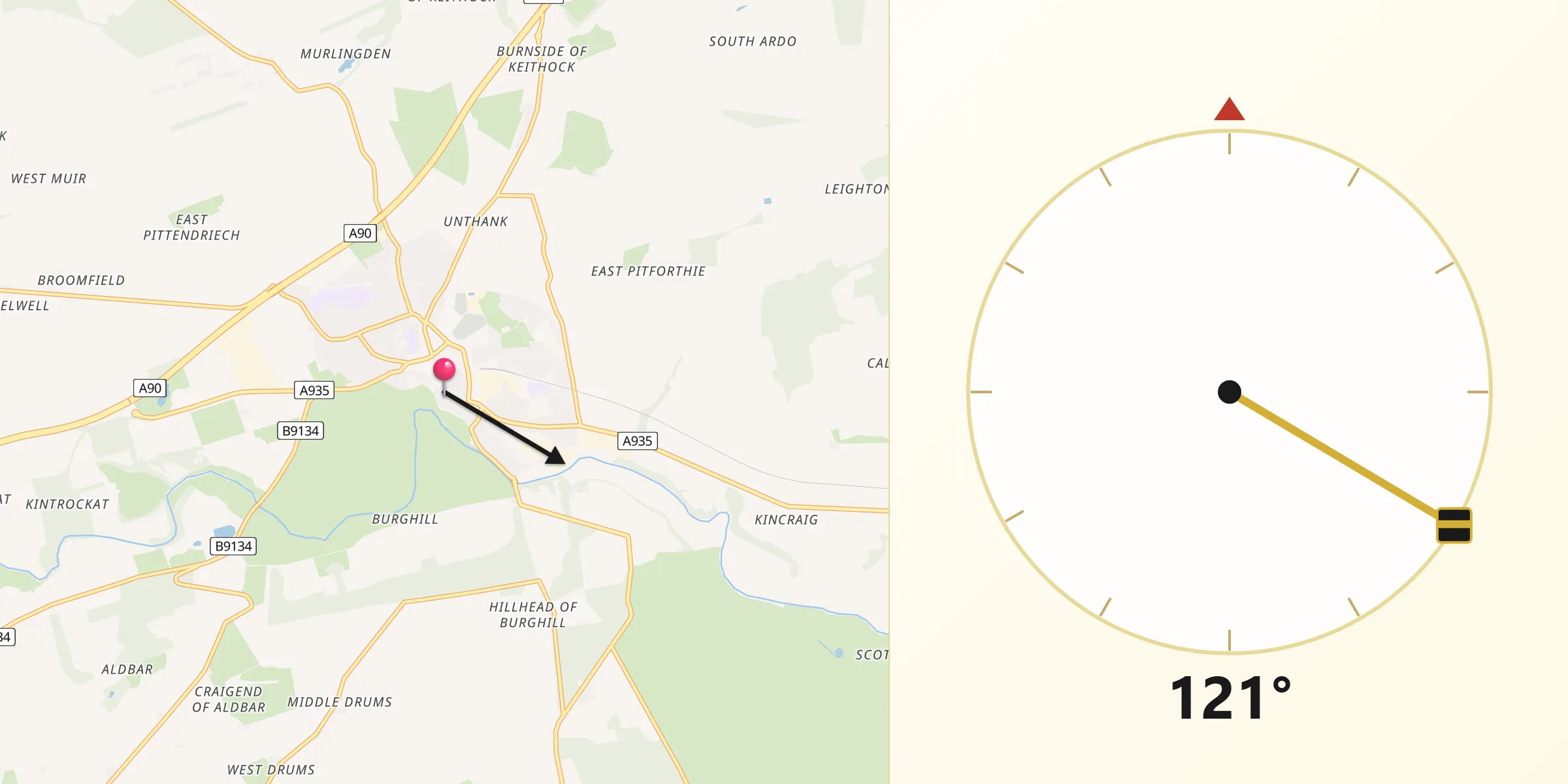 Qibla Direction from Brechin