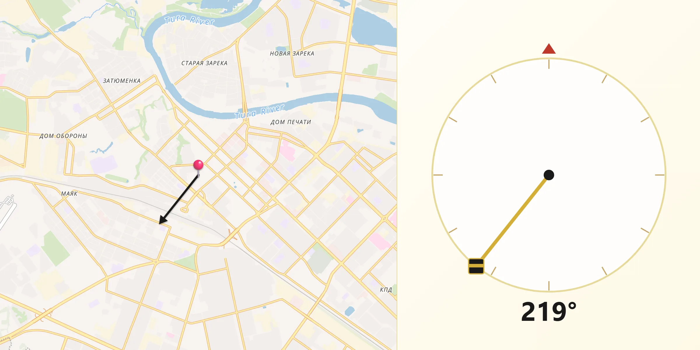 Direction vers la Qibla depuis Tioumen