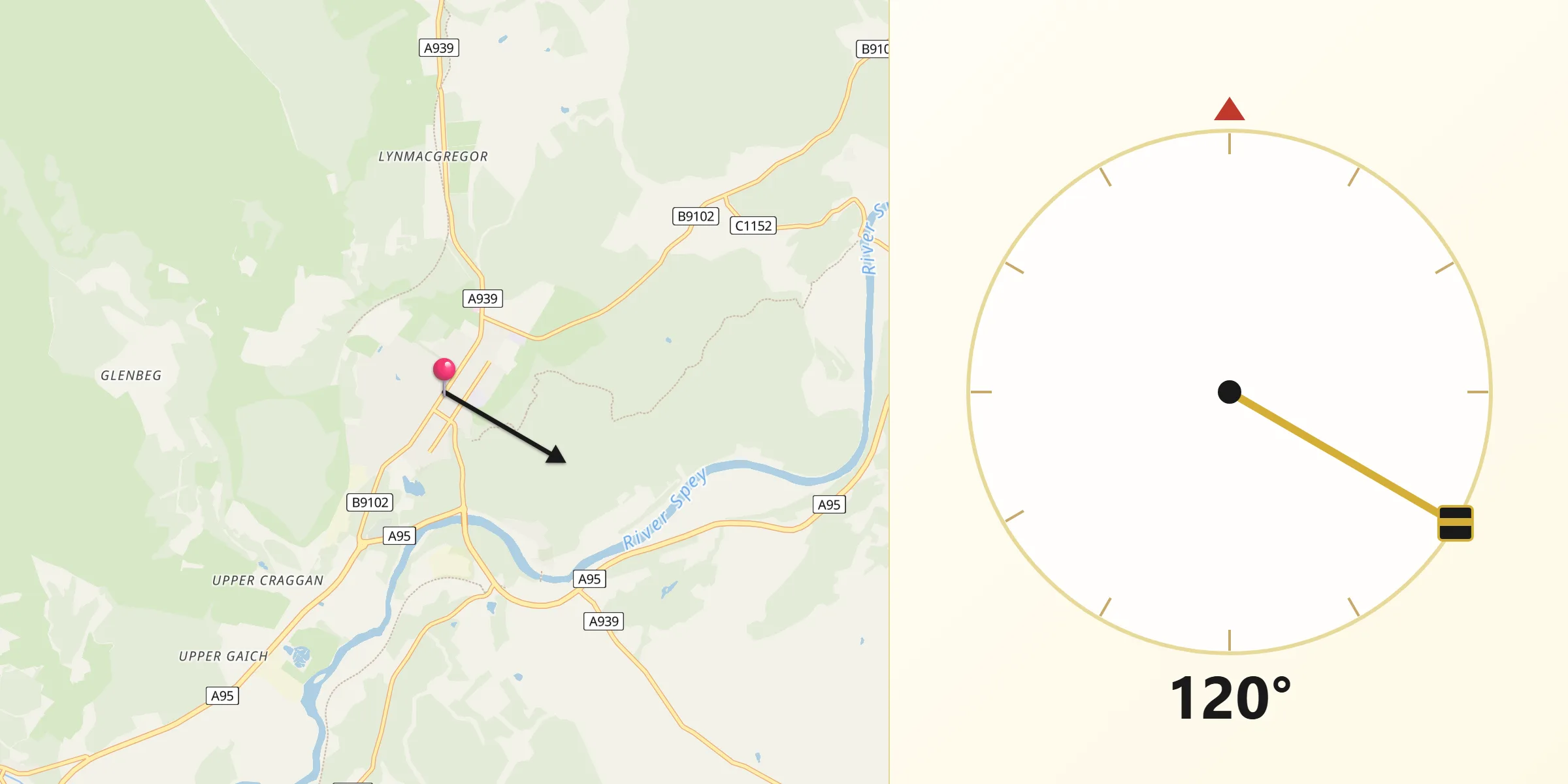 Qibla Direction from Grantown on Spey