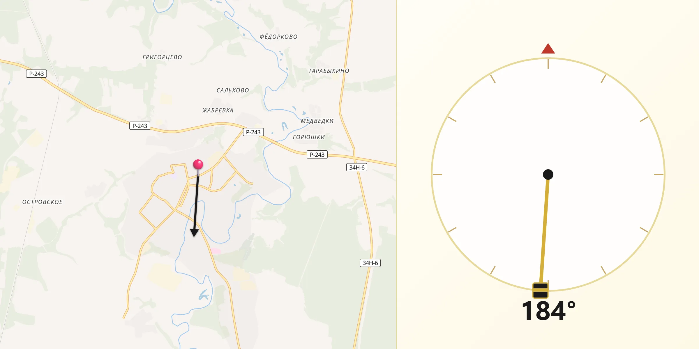 Направление Киблы из Ostrovskoye