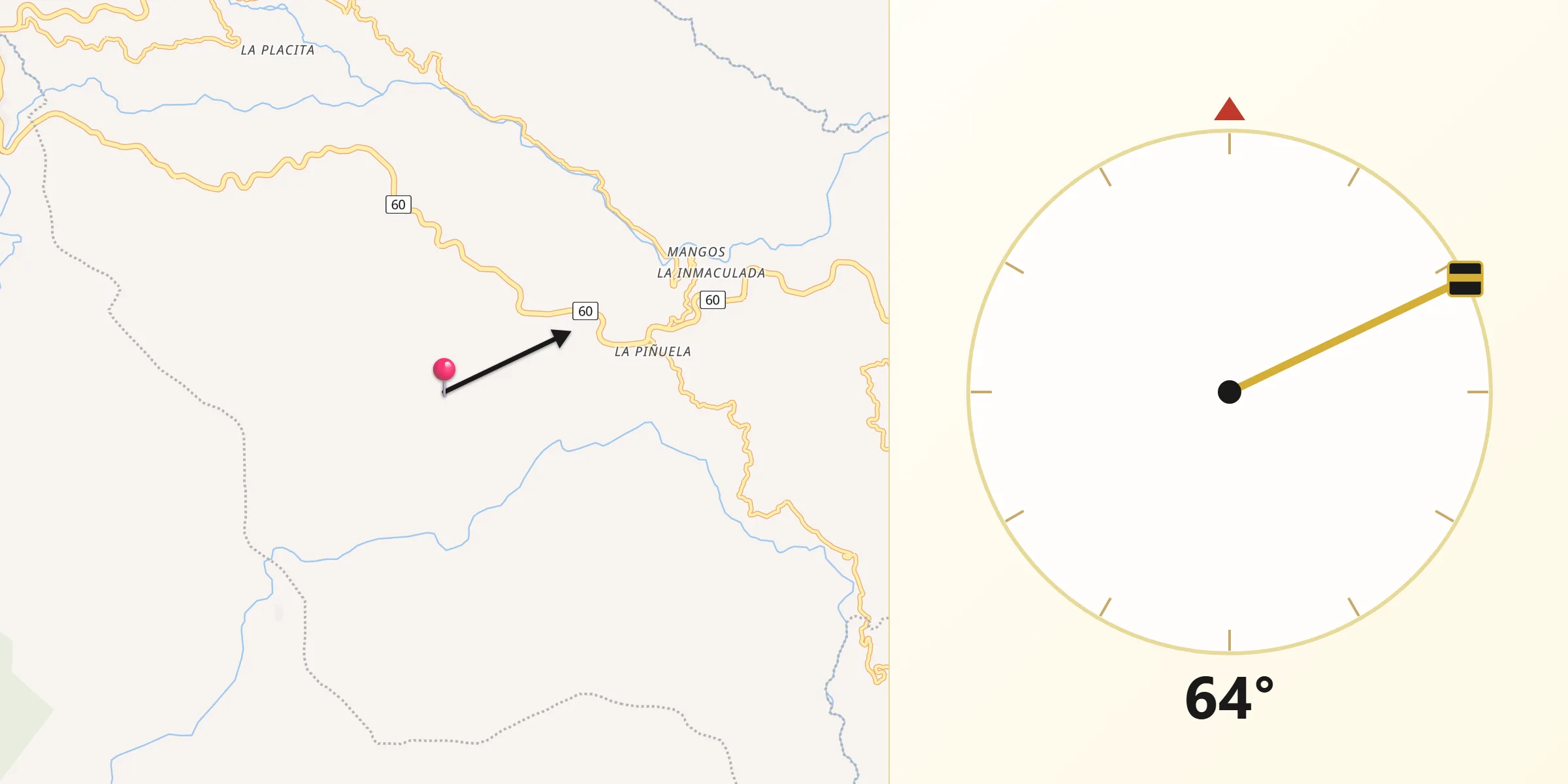 Dirección de la Qibla desde Cocorná