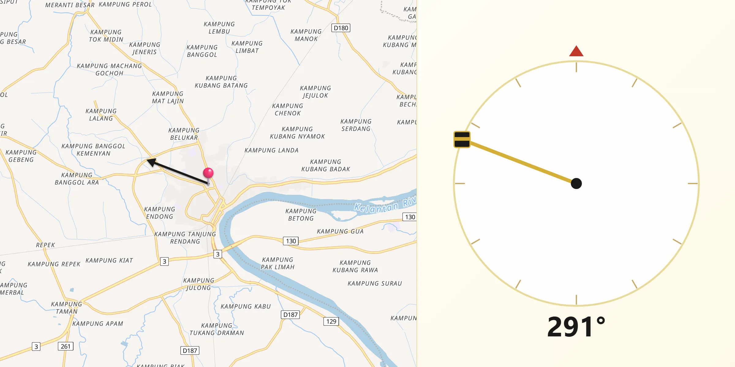 Direction vers la Qibla depuis Pasir Mas