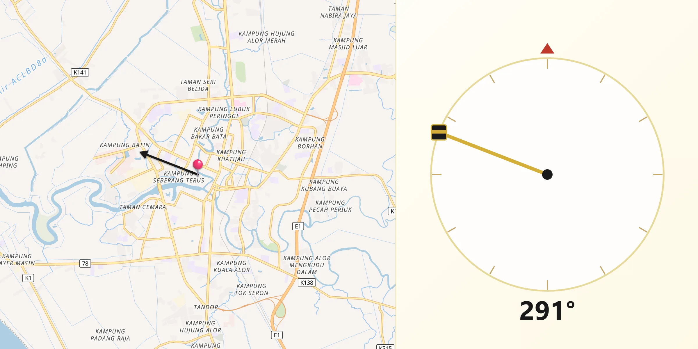 Direction vers la Qibla depuis Alor Setar