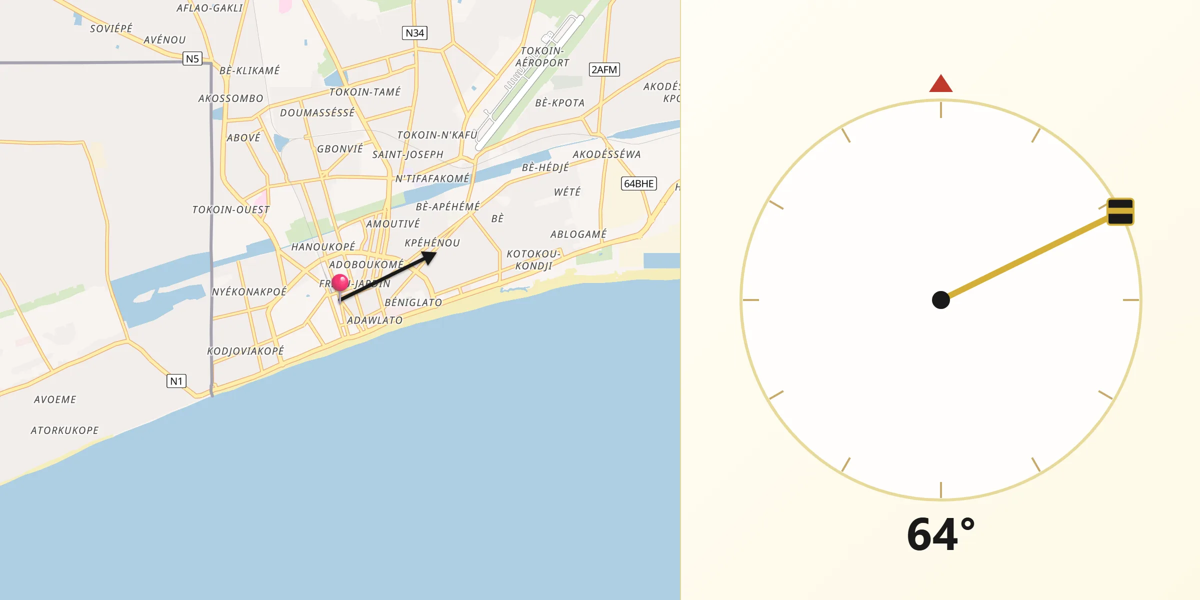 Direction vers la Qibla depuis Lomé