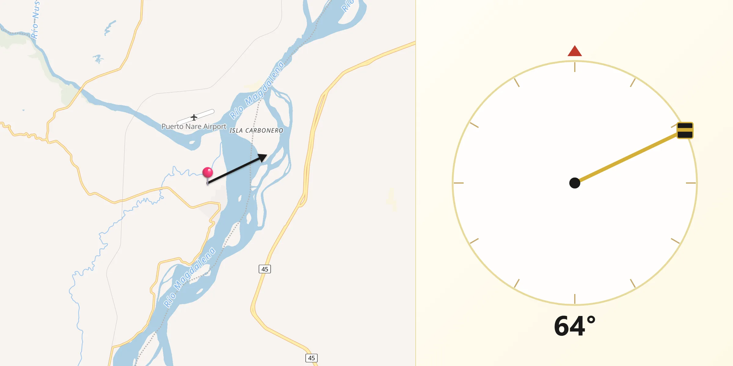 Dirección de la Qibla desde Puerto Nare