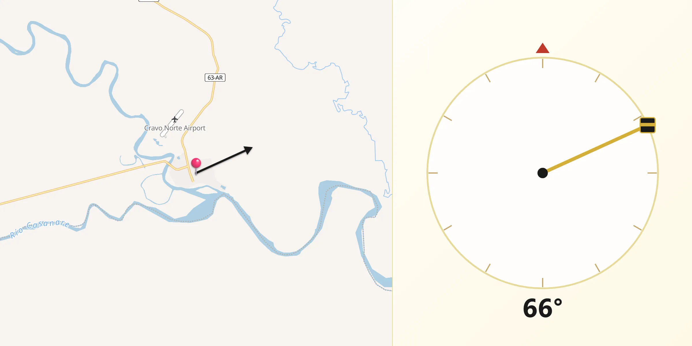 Dirección de la Qibla desde Cravo Norte