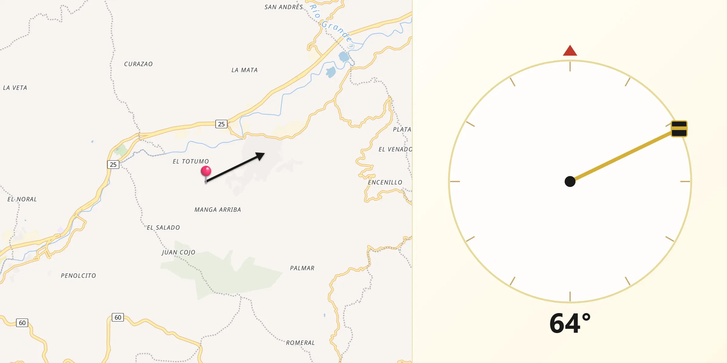 Dirección de la Qibla desde Girardota