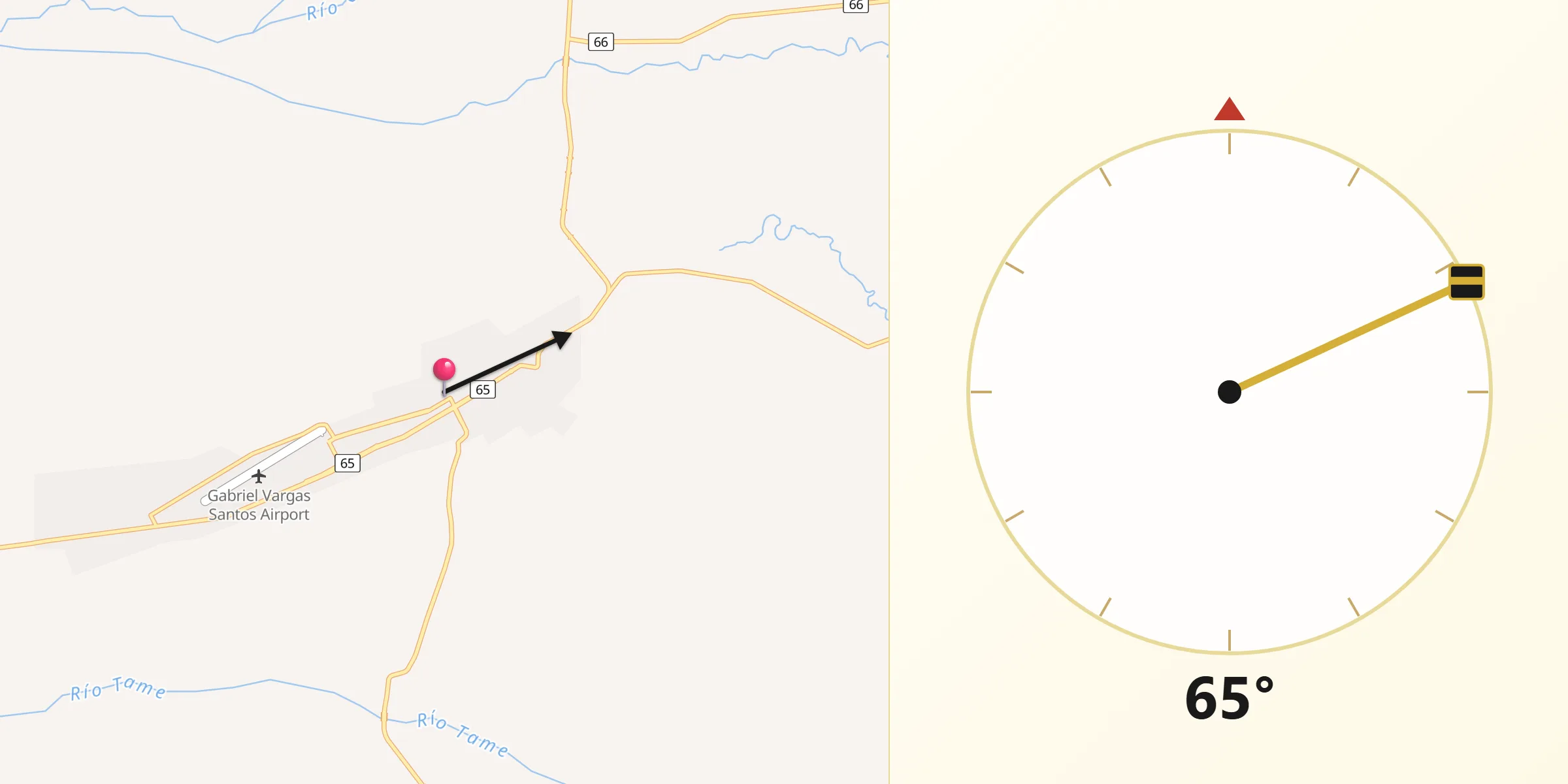 Dirección de la Qibla desde Tame