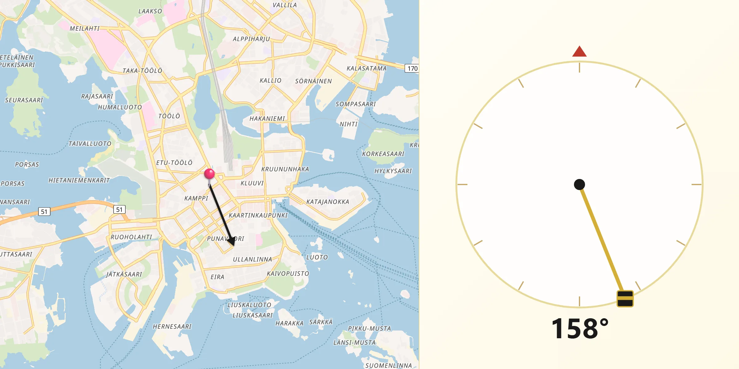 Direction vers la Qibla depuis Helsinki