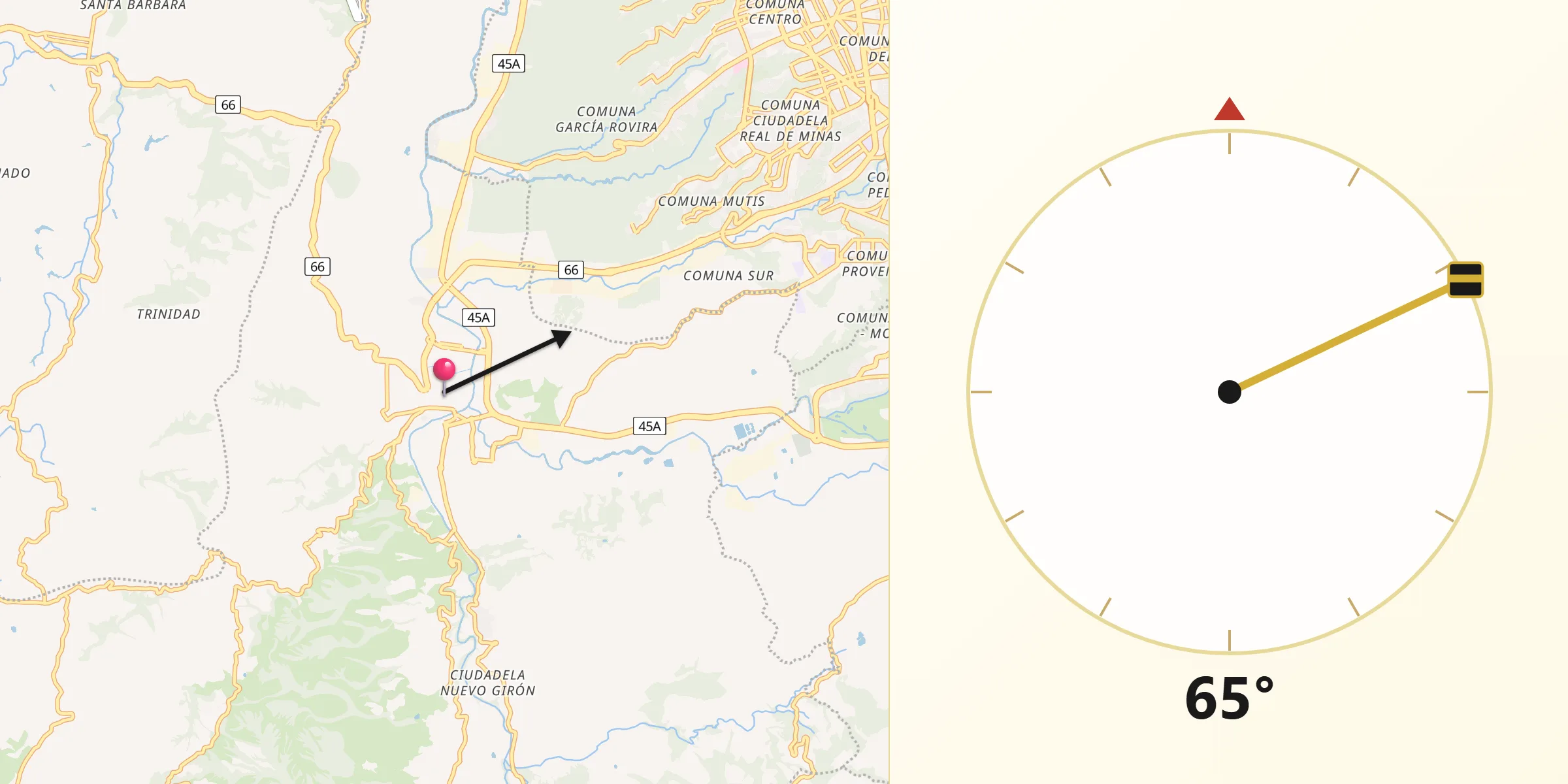 Dirección de la Qibla desde Girón