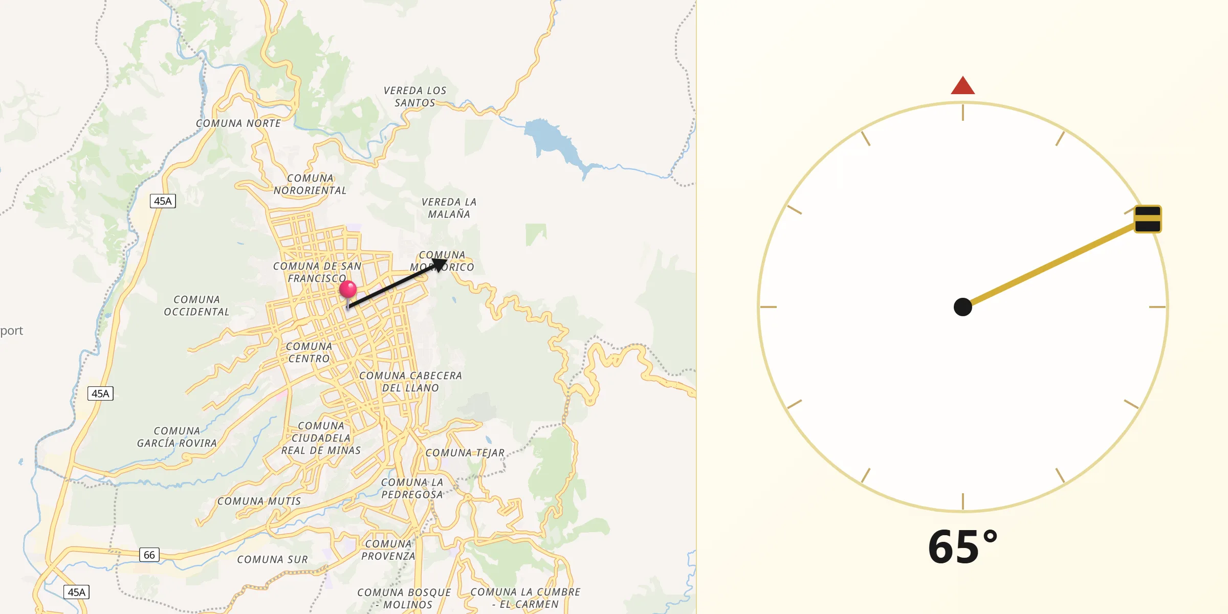Dirección de la Qibla desde Bucaramanga