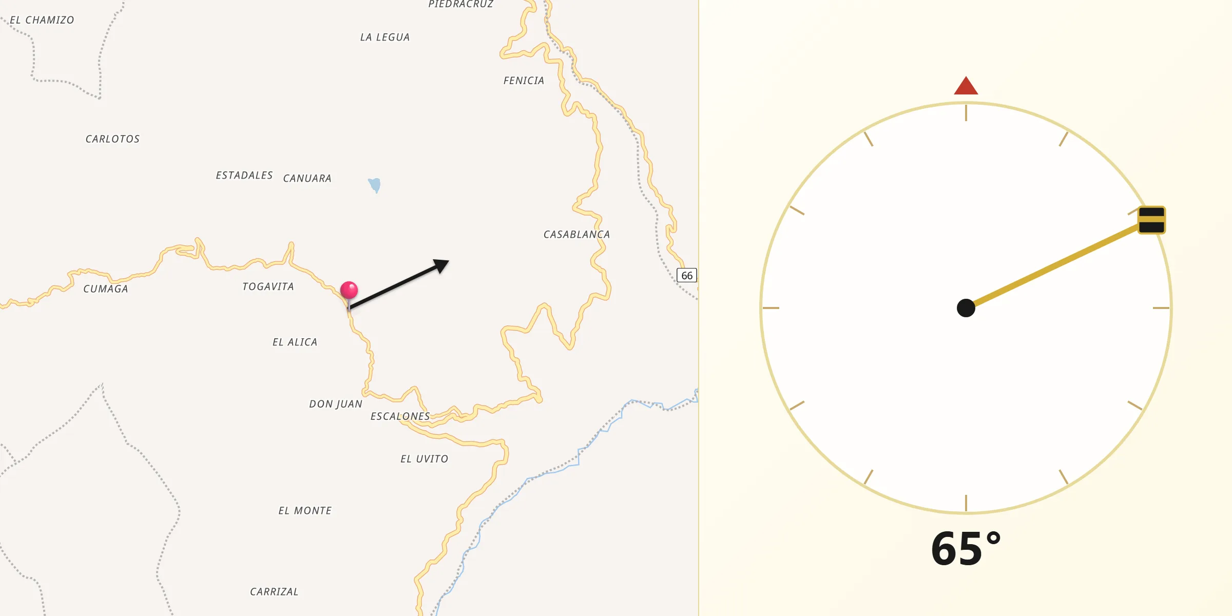 Dirección de la Qibla desde Cácota