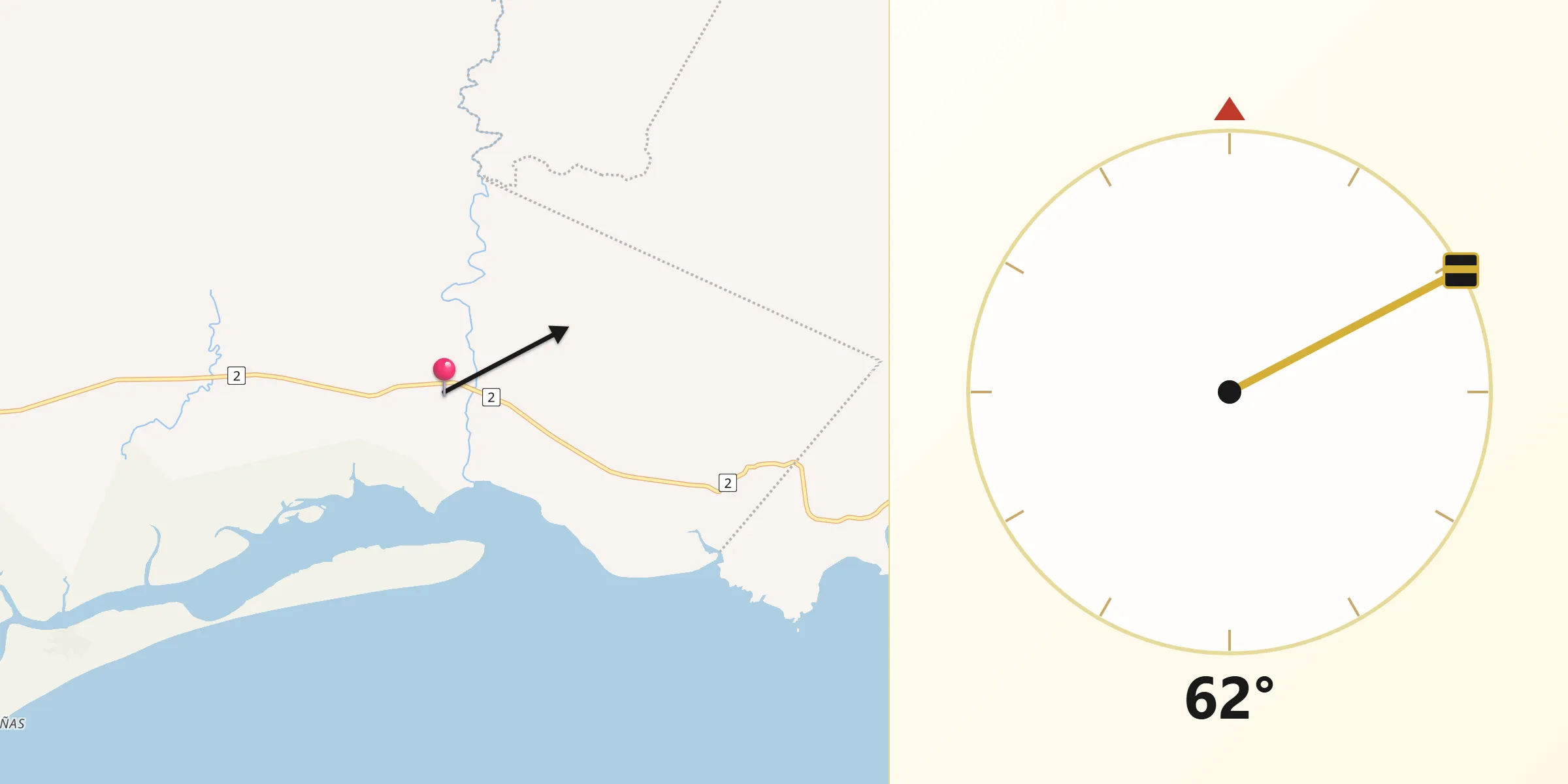 Dirección de la Qibla desde Cañas