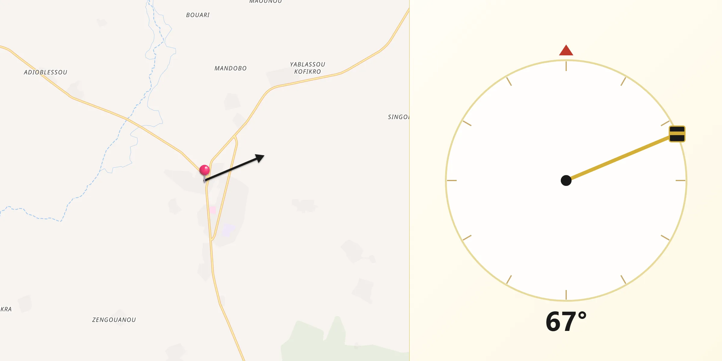 Direction vers la Qibla depuis Sakassou