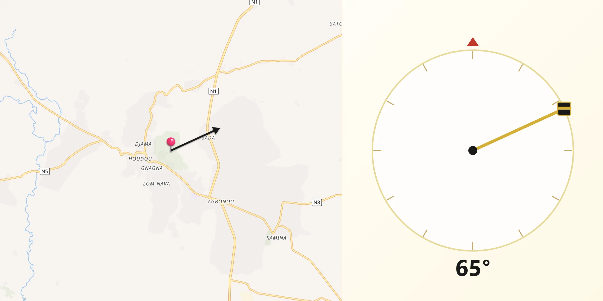Direction vers la Qibla depuis Atakpamé