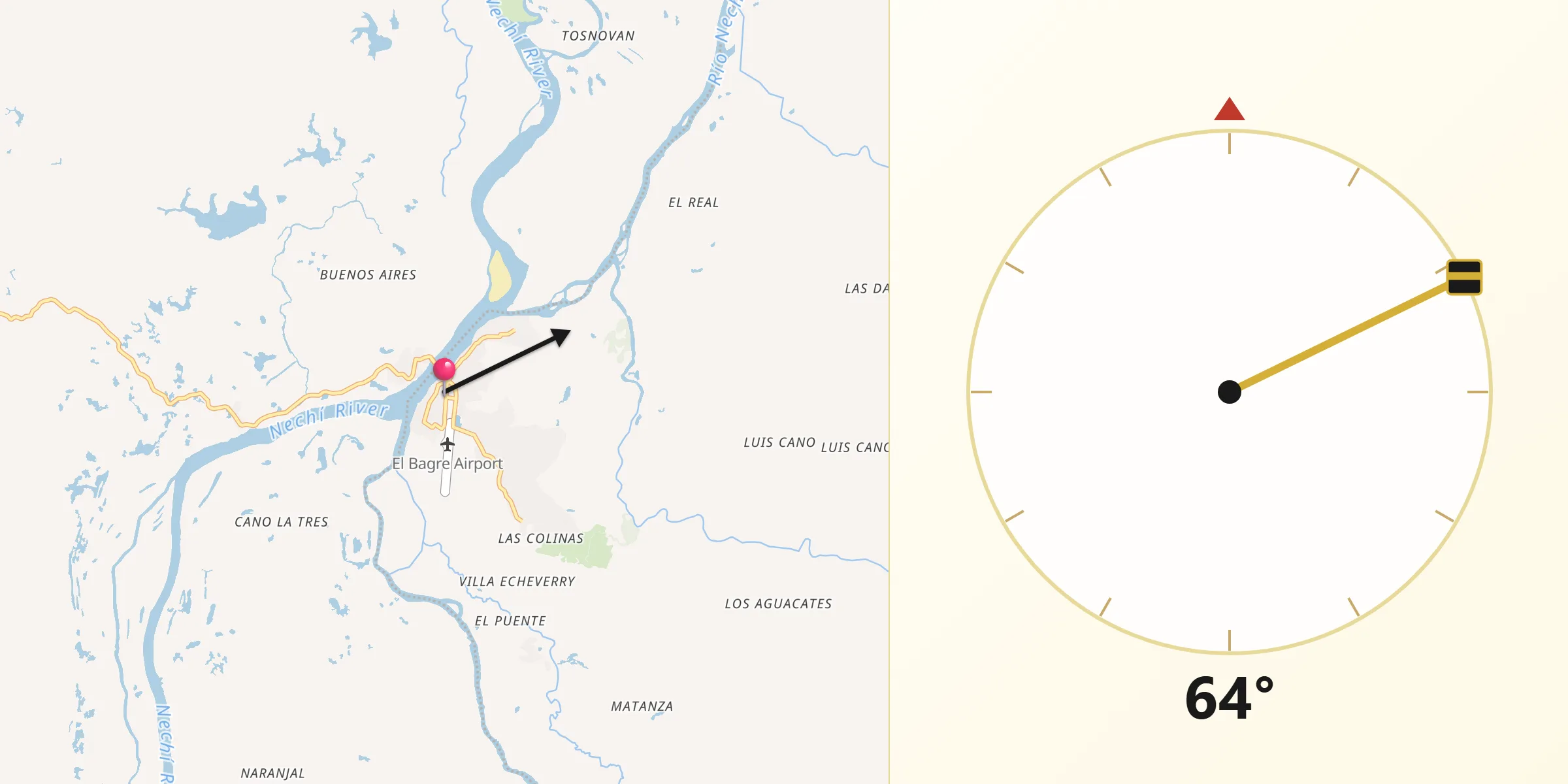 Dirección de la Qibla desde El Bagre