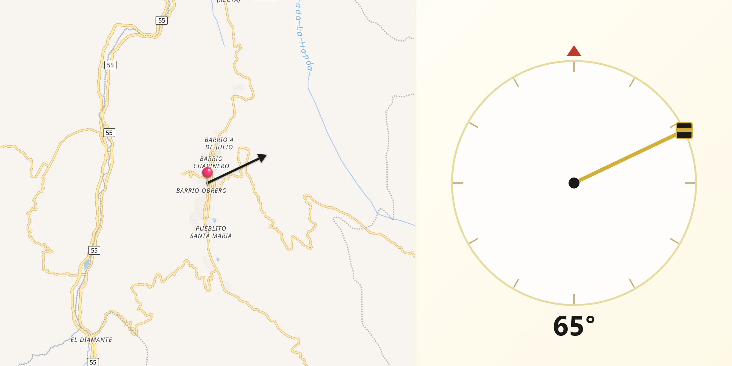 Dirección de la Qibla desde Chinácota