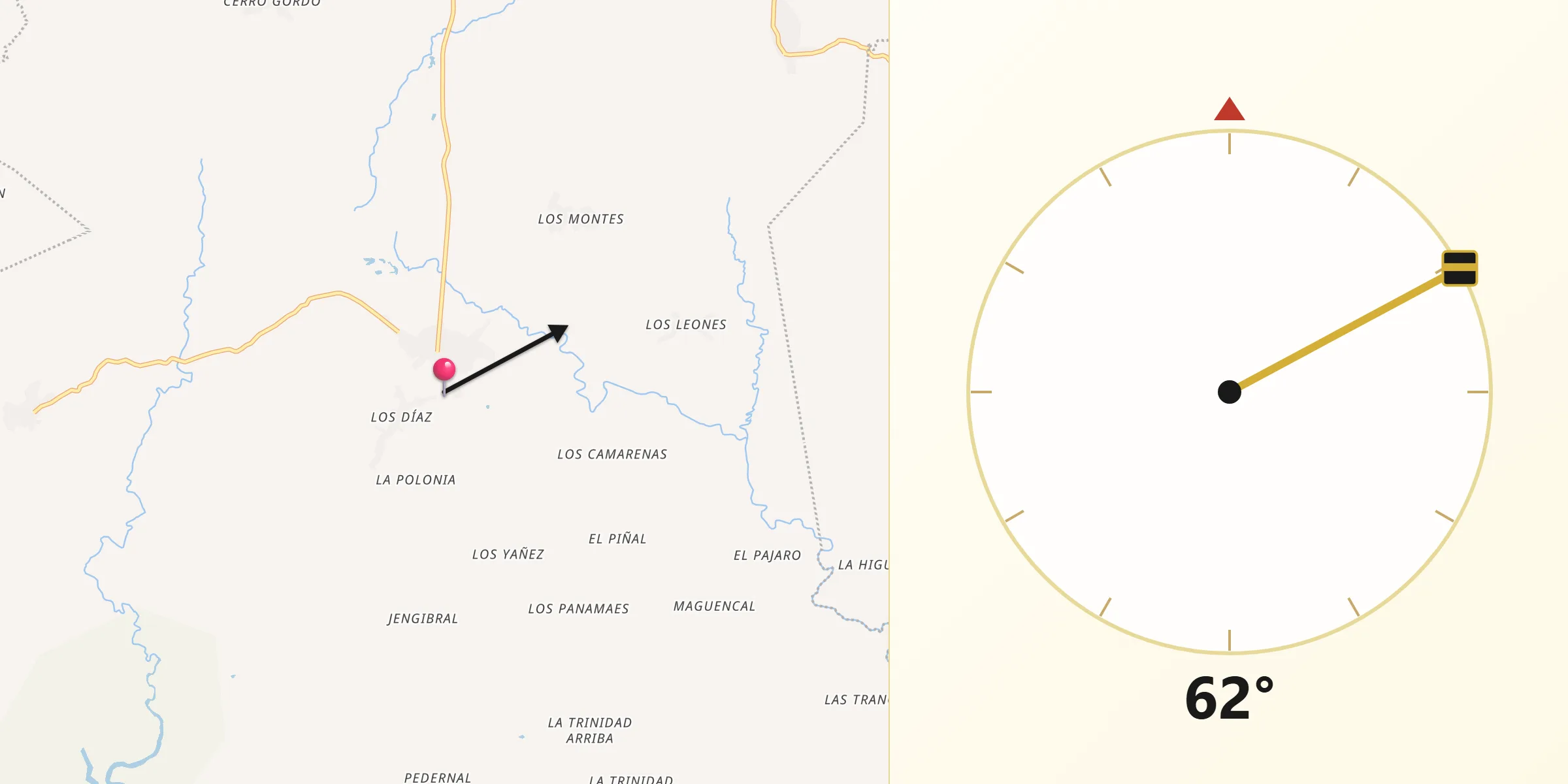 Dirección de la Qibla desde Río de Jesús