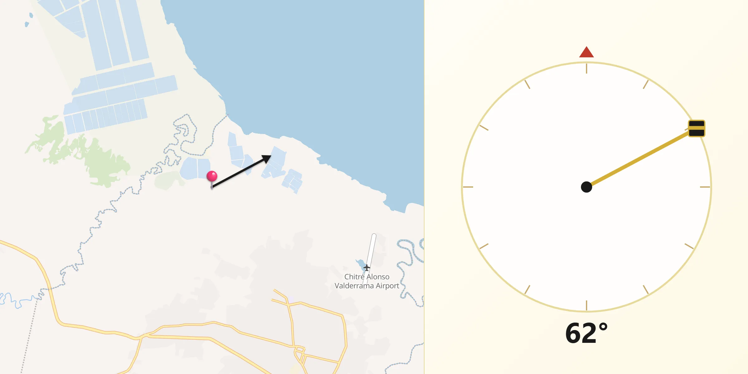 Dirección de la Qibla desde Boca de Parita
