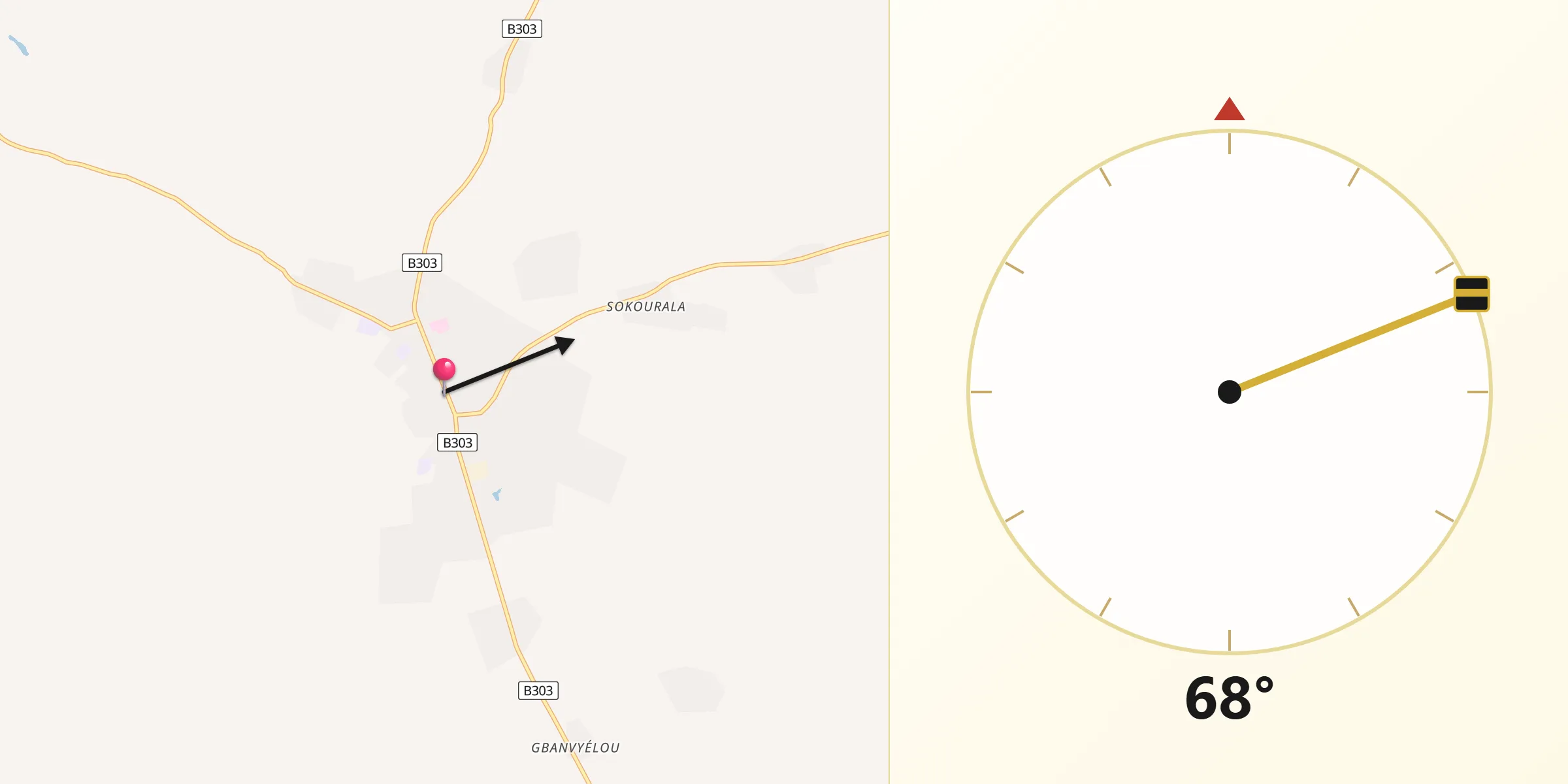 Direction vers la Qibla depuis Mankono