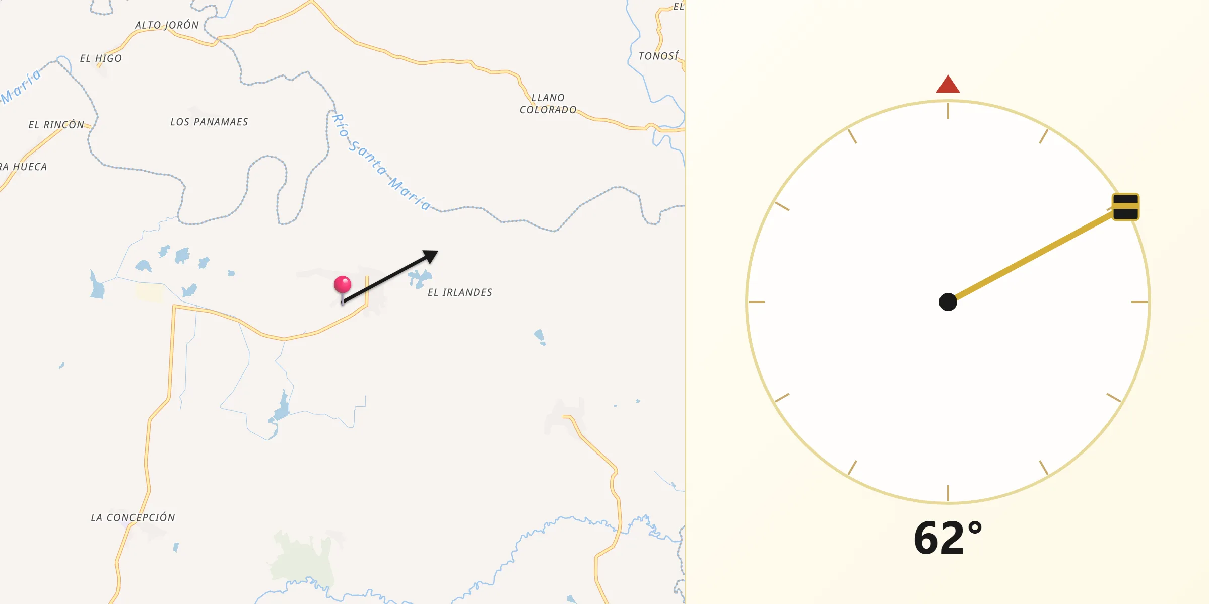 Dirección de la Qibla desde La Raya de Santa María