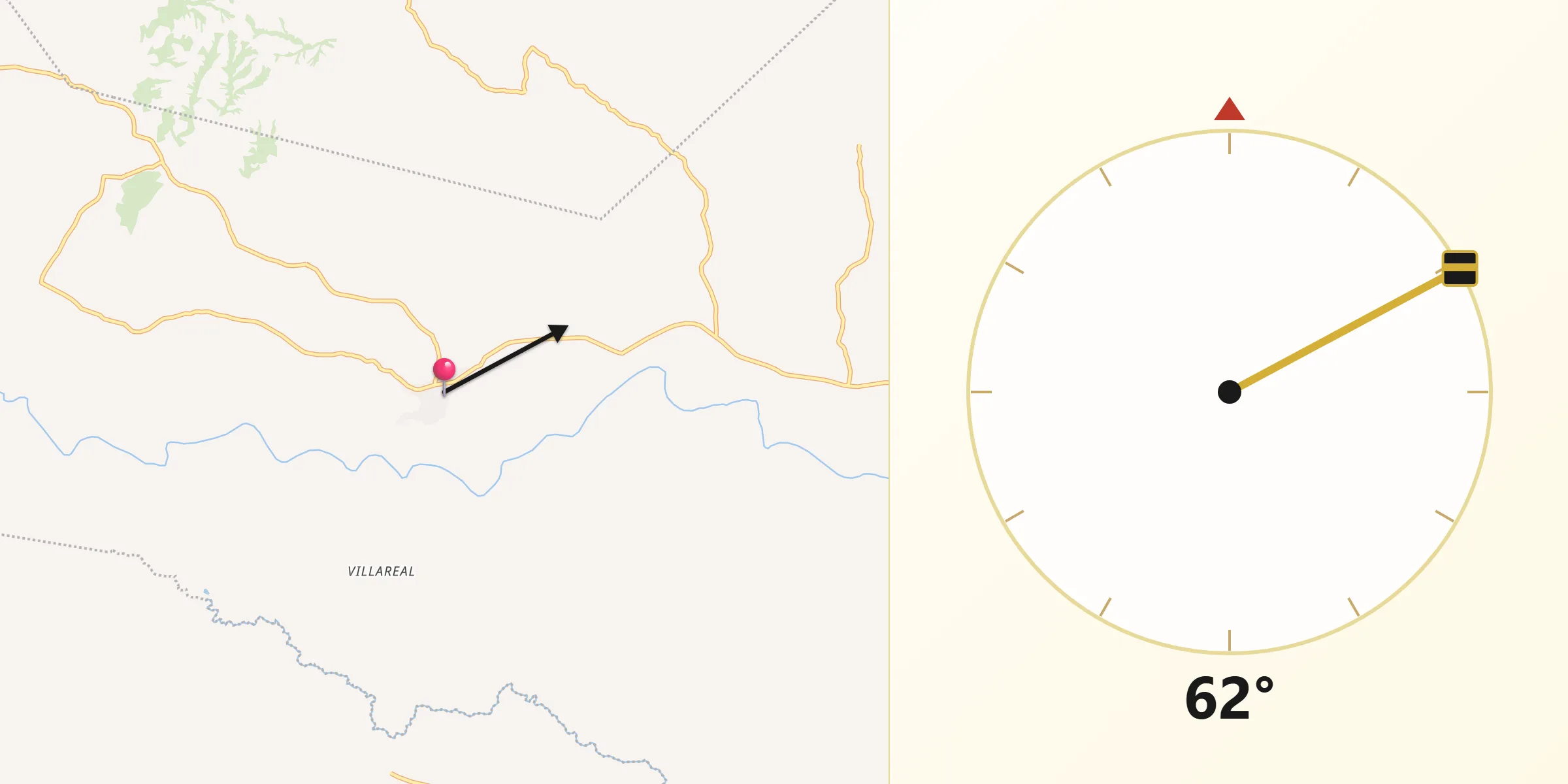 Dirección de la Qibla desde Toza