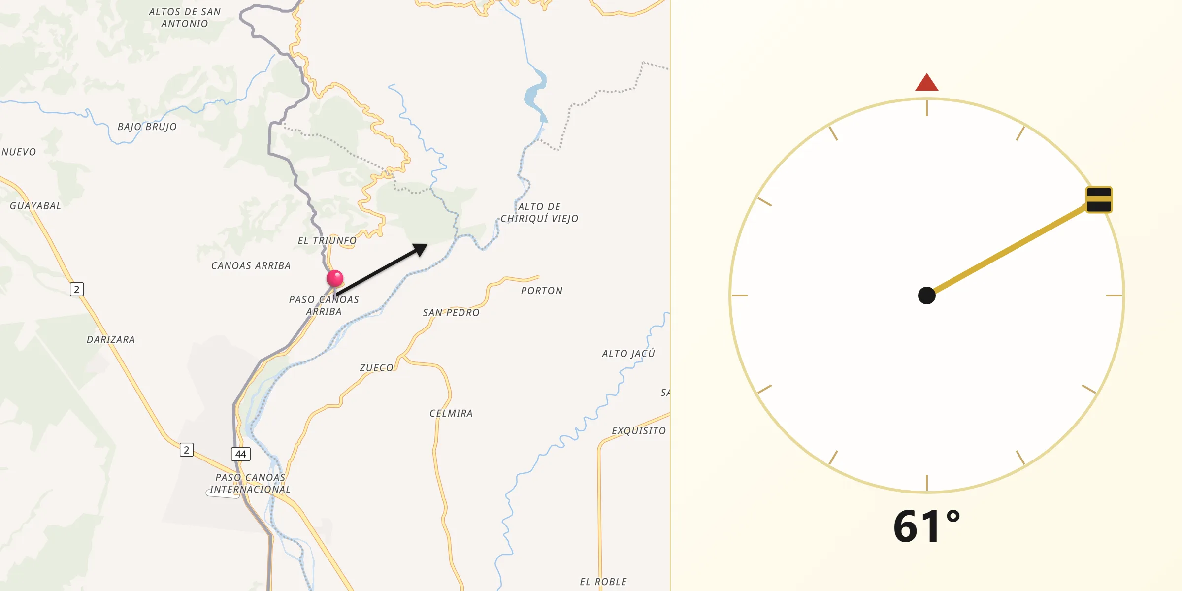 Dirección de la Qibla desde Paso Canoas Arriba