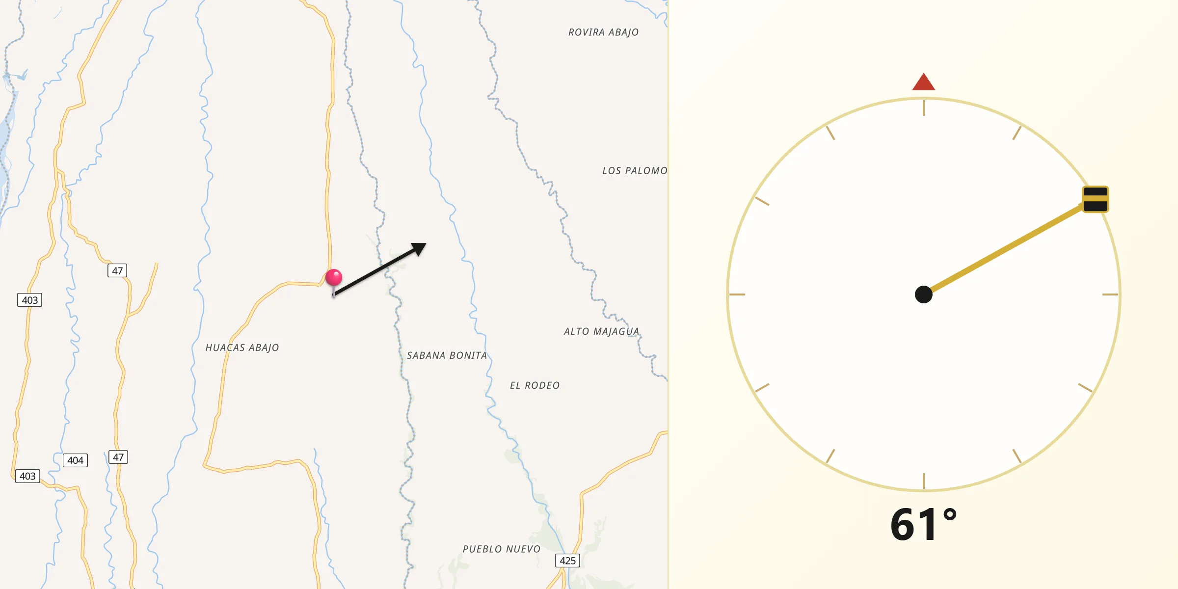 Dirección de la Qibla desde Guabal