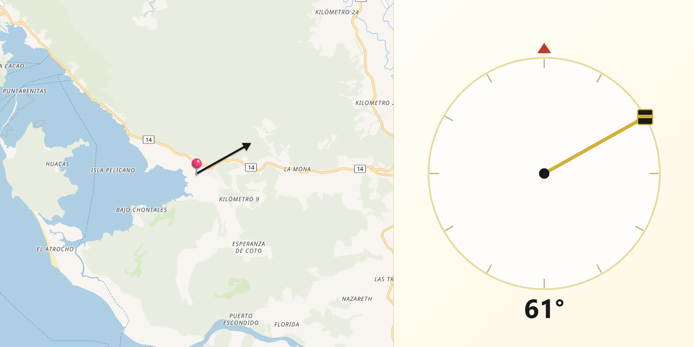 Dirección de la Qibla desde Golfito
