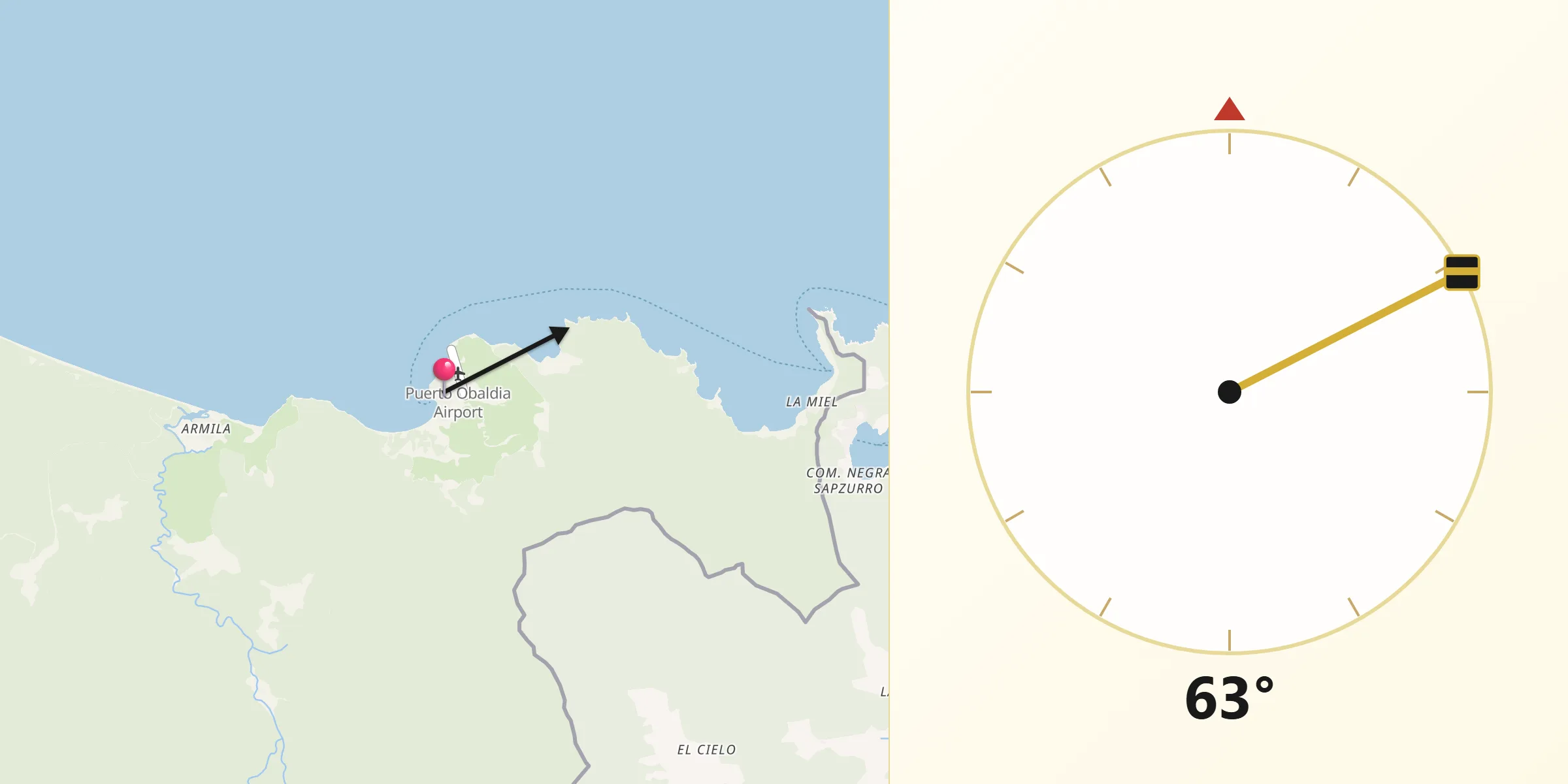 Dirección de la Qibla desde Puerto Obaldía