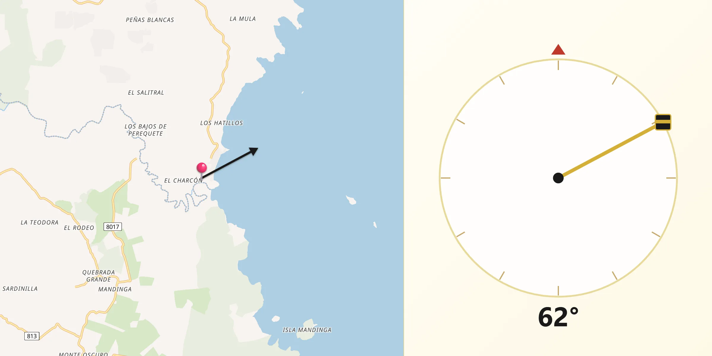 Dirección de la Qibla desde Playa Leona