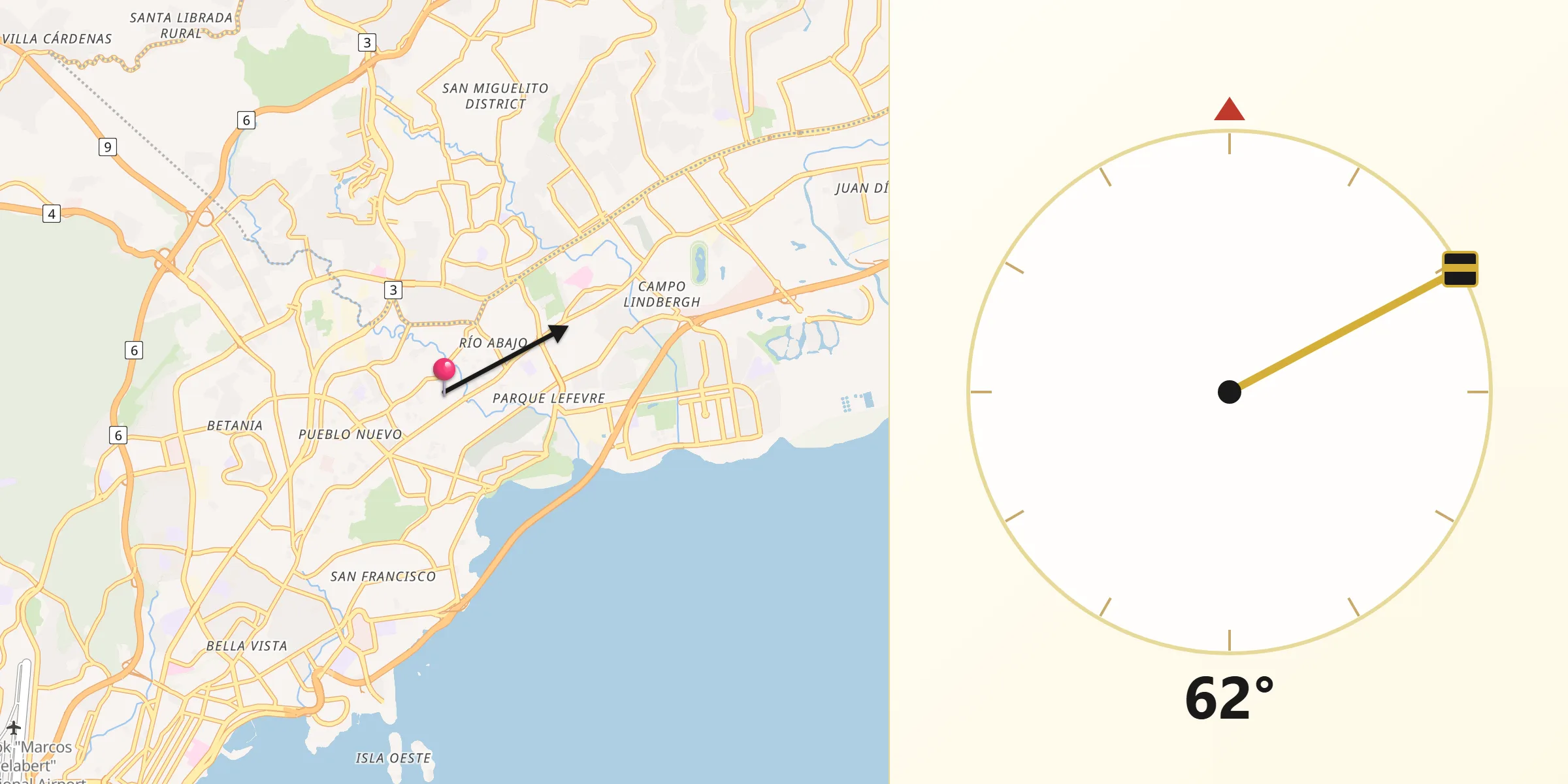 Dirección de la Qibla desde Río Abajo