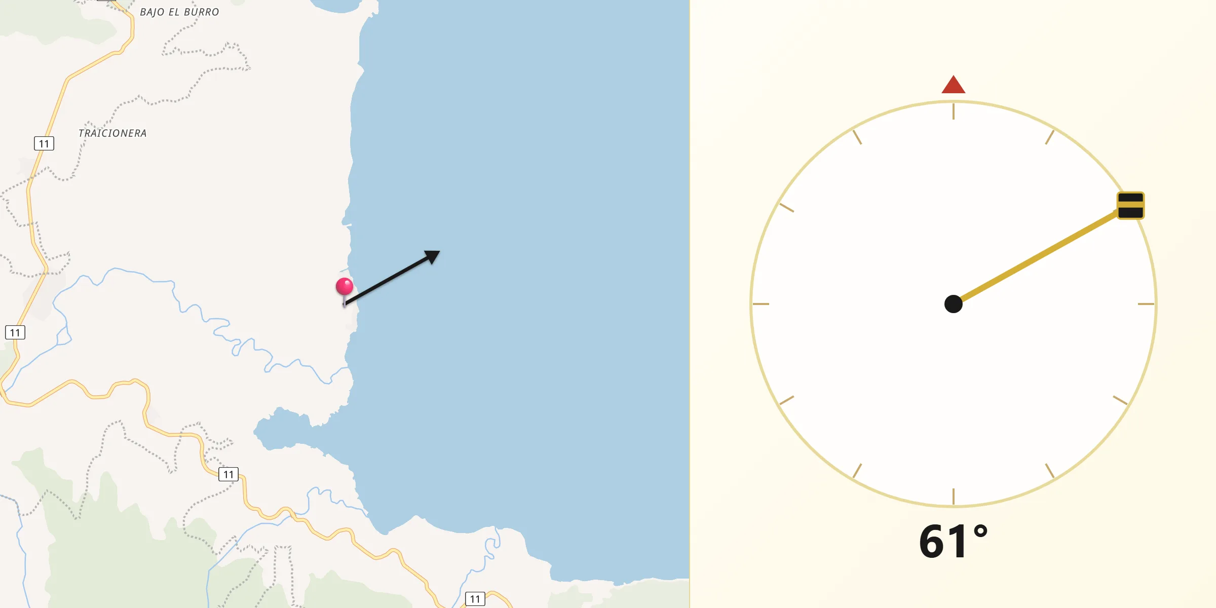 Dirección de la Qibla desde Punta Róbalo