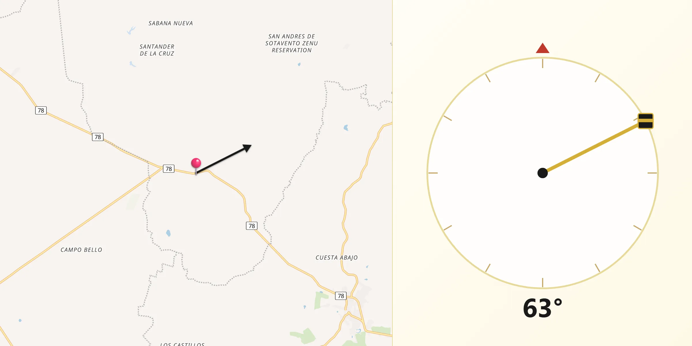 Dirección de la Qibla desde Tuchín