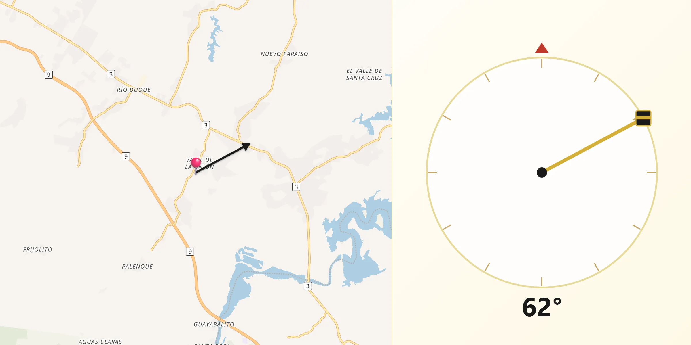 Dirección de la Qibla desde El Valle de la Unión