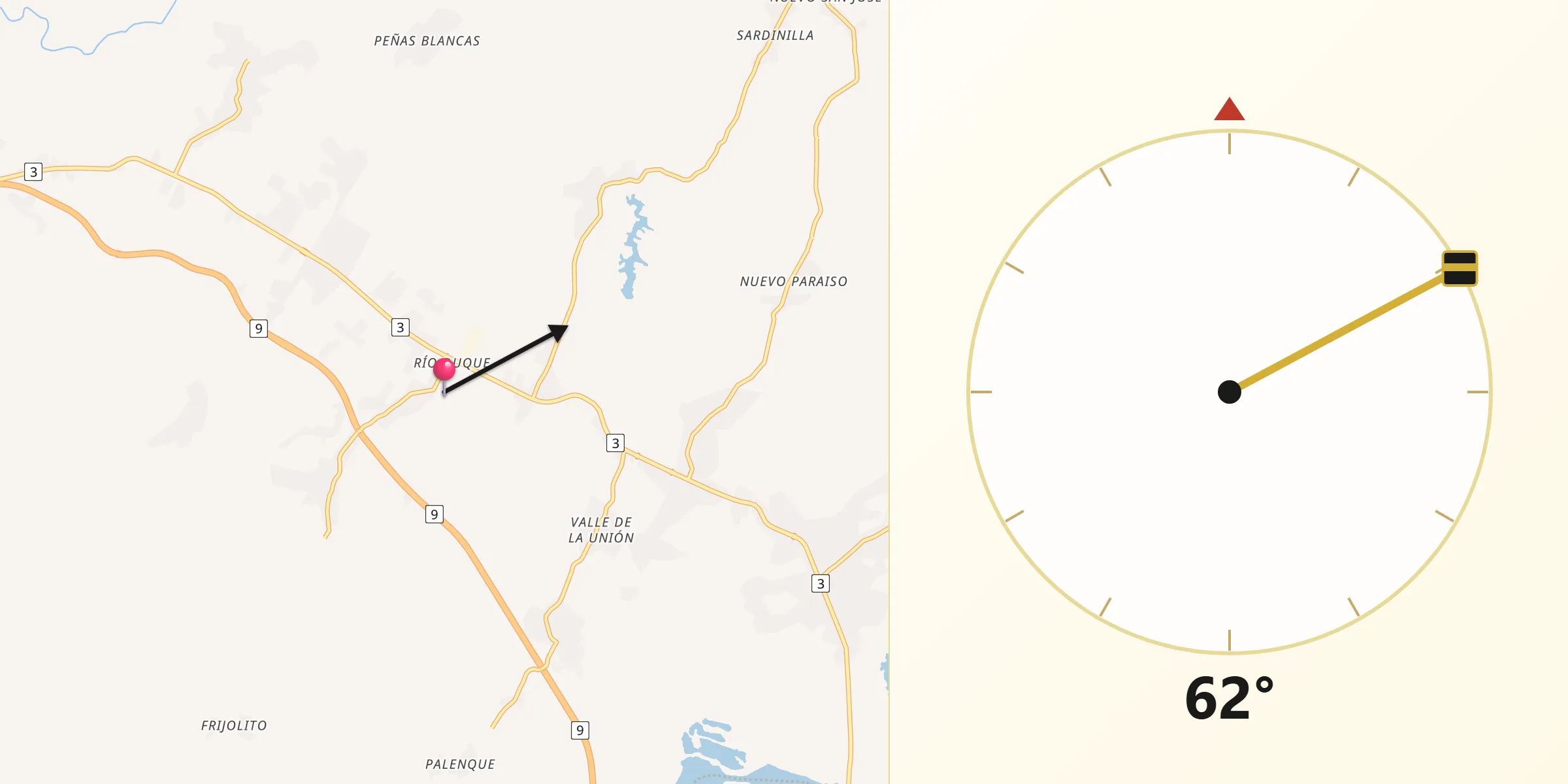 Dirección de la Qibla desde Río Duque