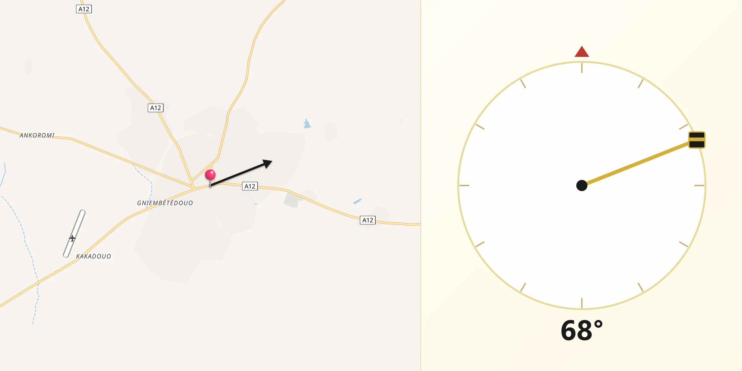 Direction vers la Qibla depuis Bouna
