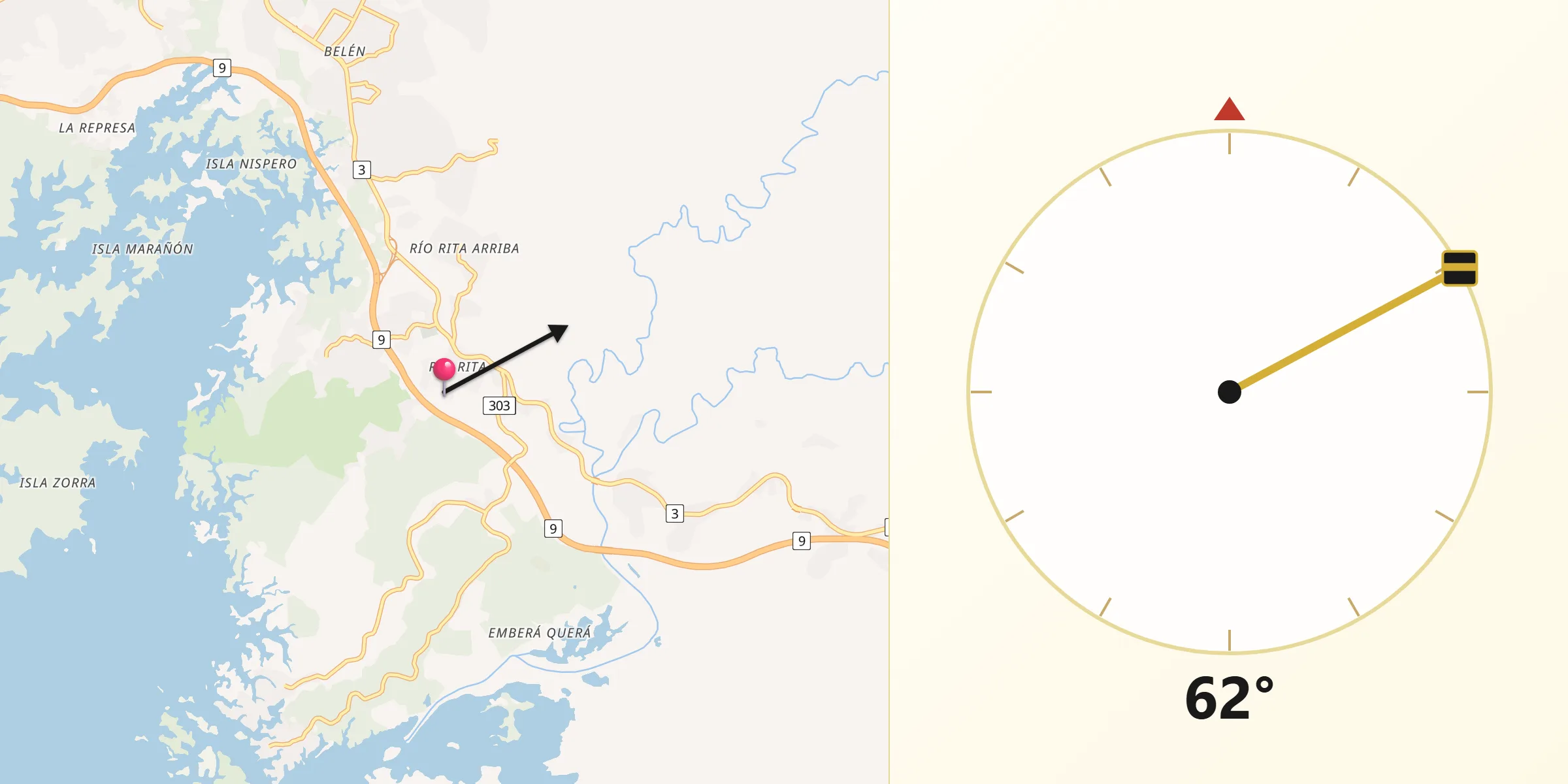 Dirección de la Qibla desde Río Rita