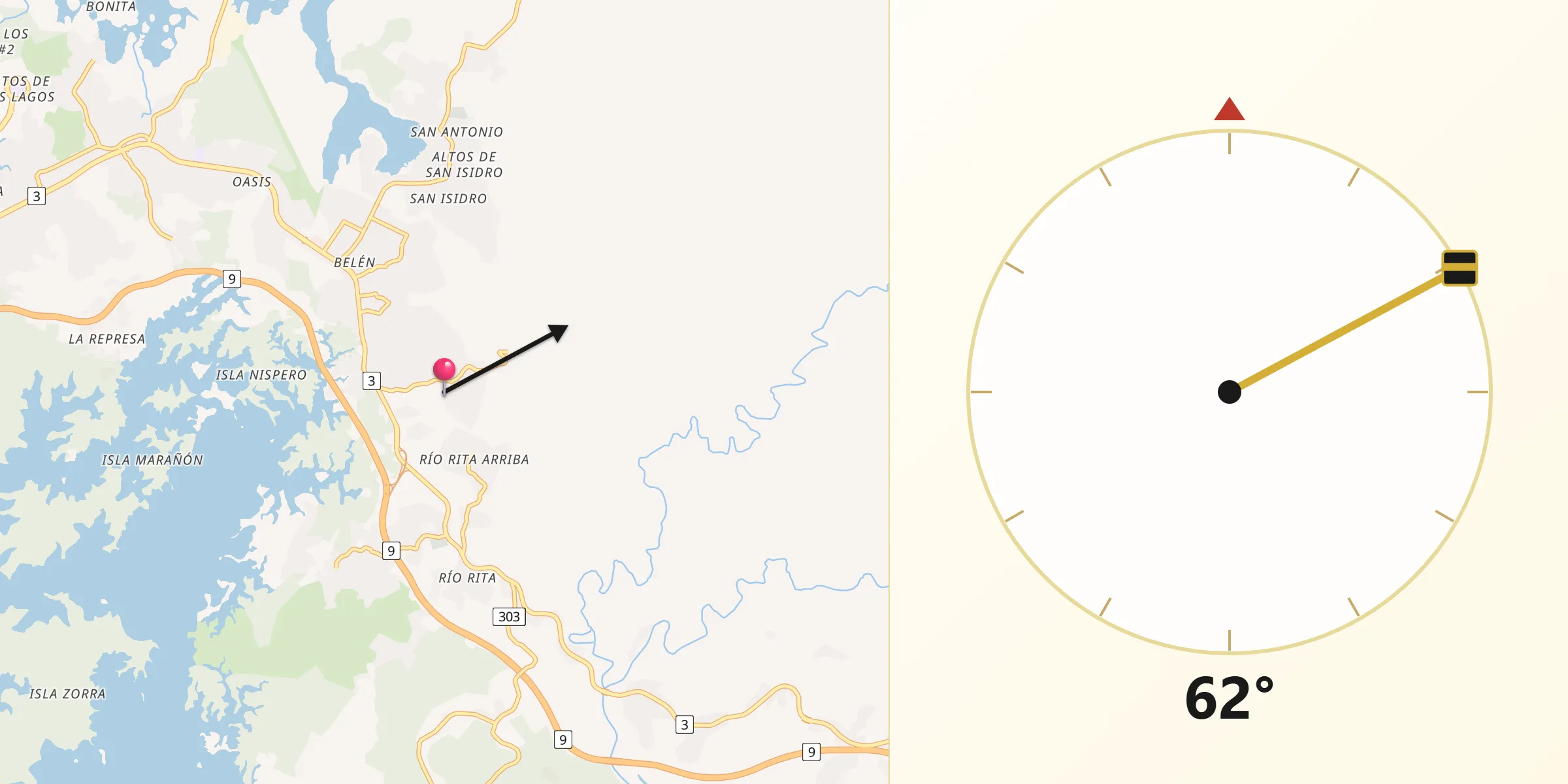 Dirección de la Qibla desde Santa Rita Arriba