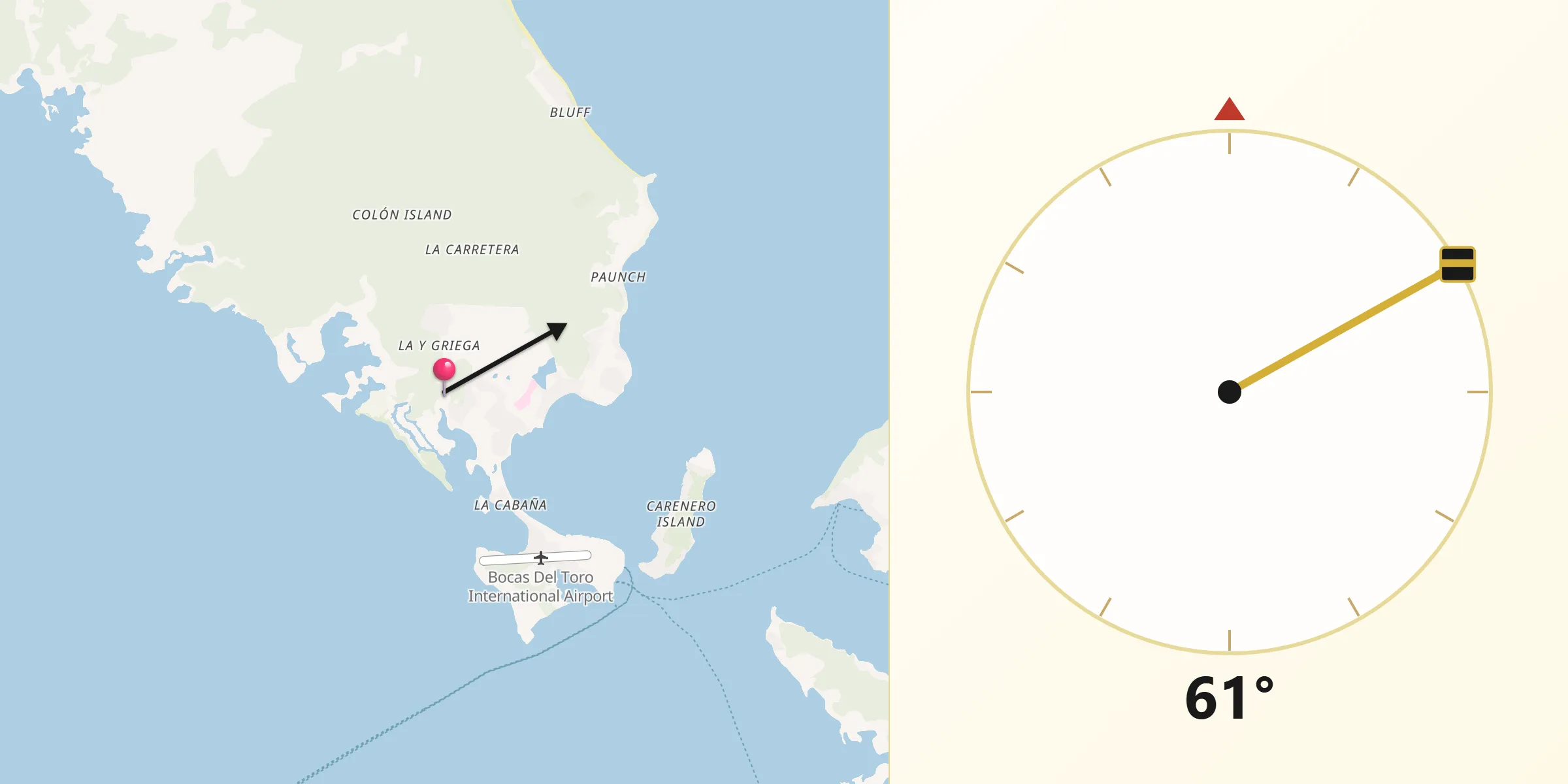 Dirección de la Qibla desde Distrito de Bocas del Toro