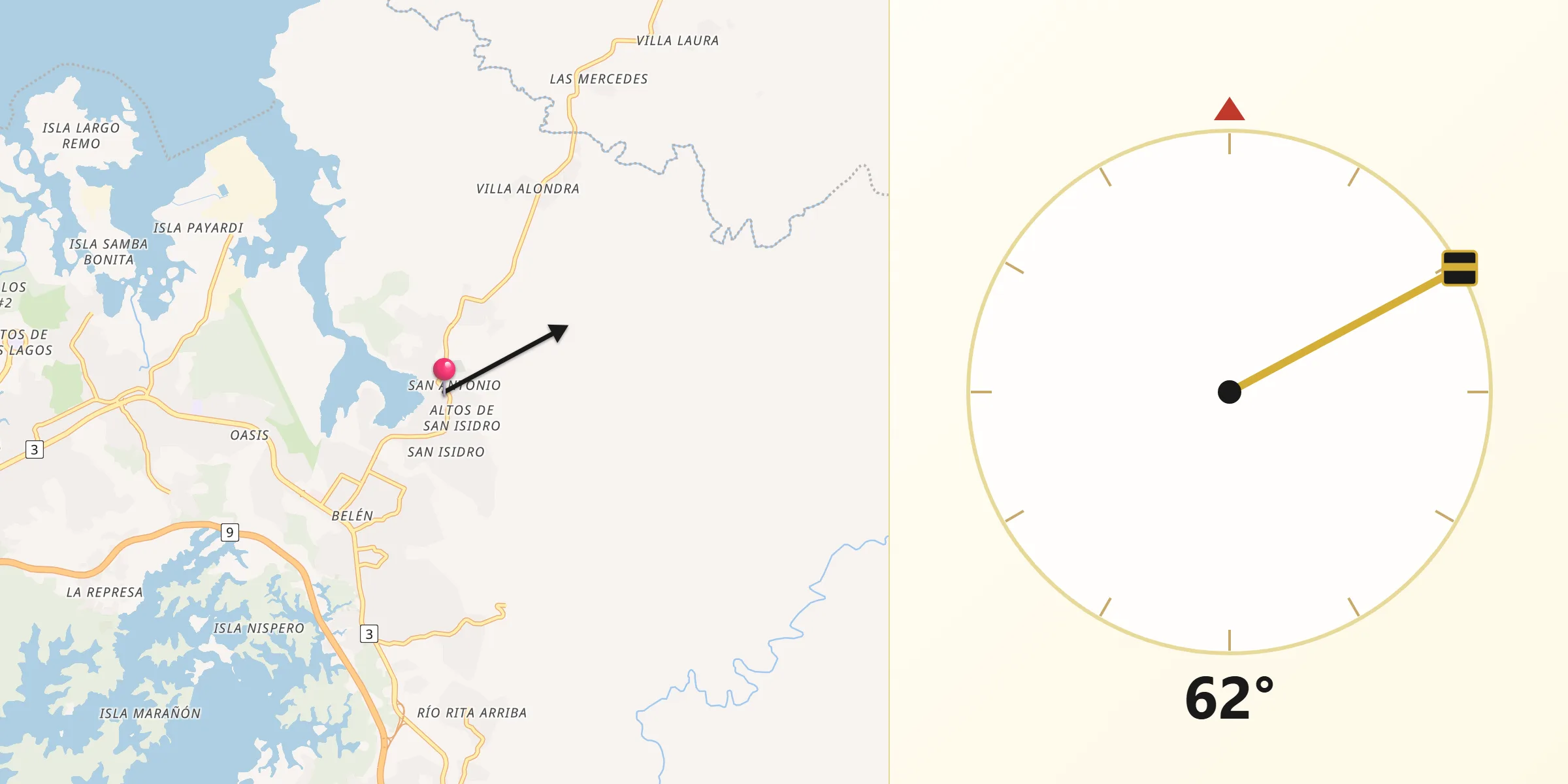 Dirección de la Qibla desde Puerto Pilón