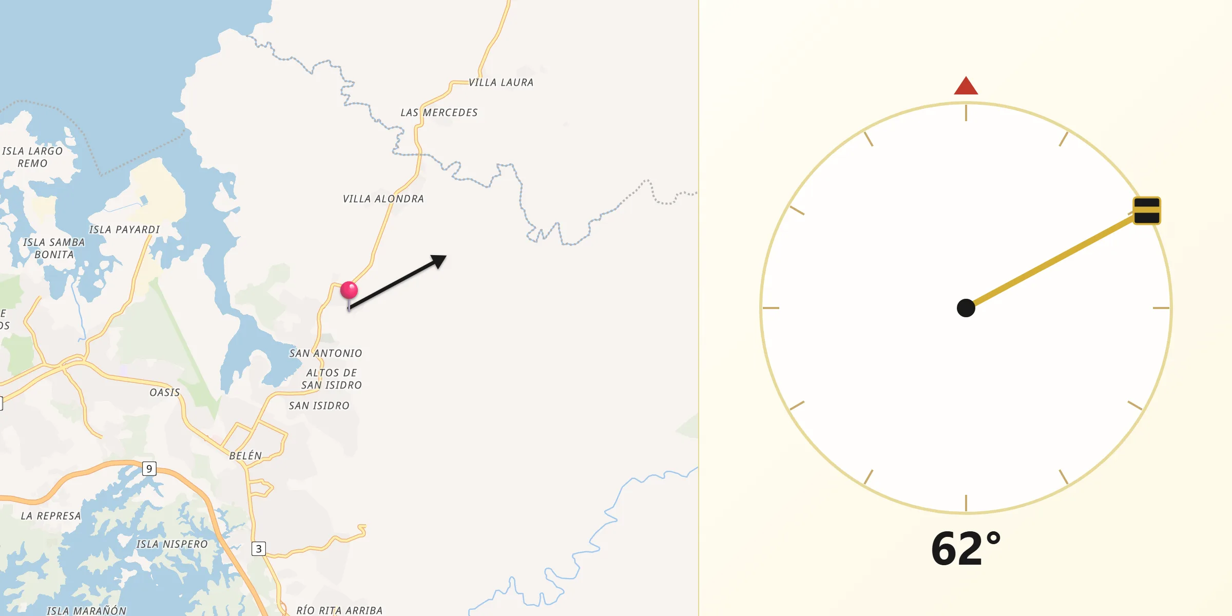 Dirección de la Qibla desde Río Alejandro