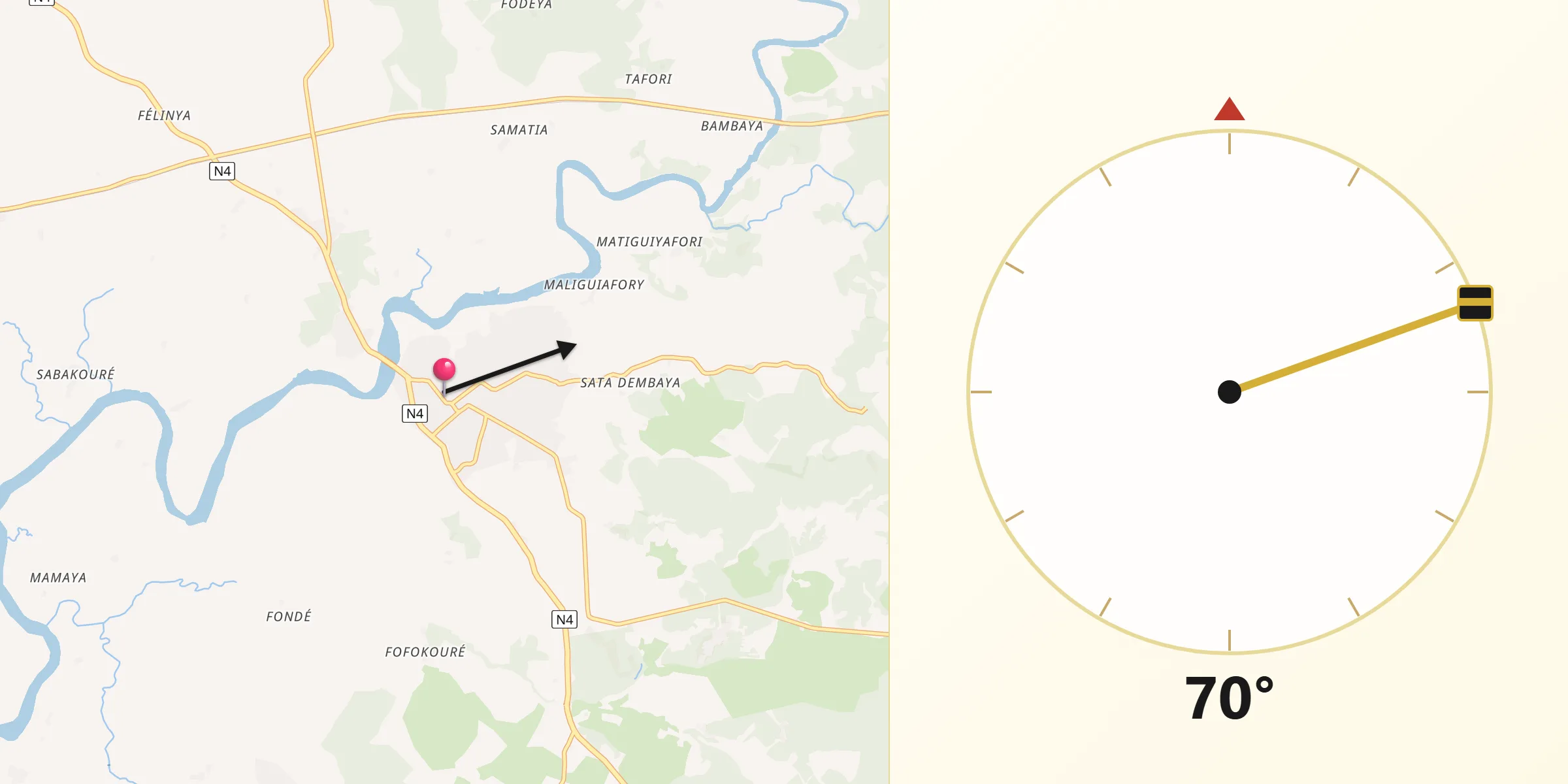 Direction vers la Qibla depuis Forecariah