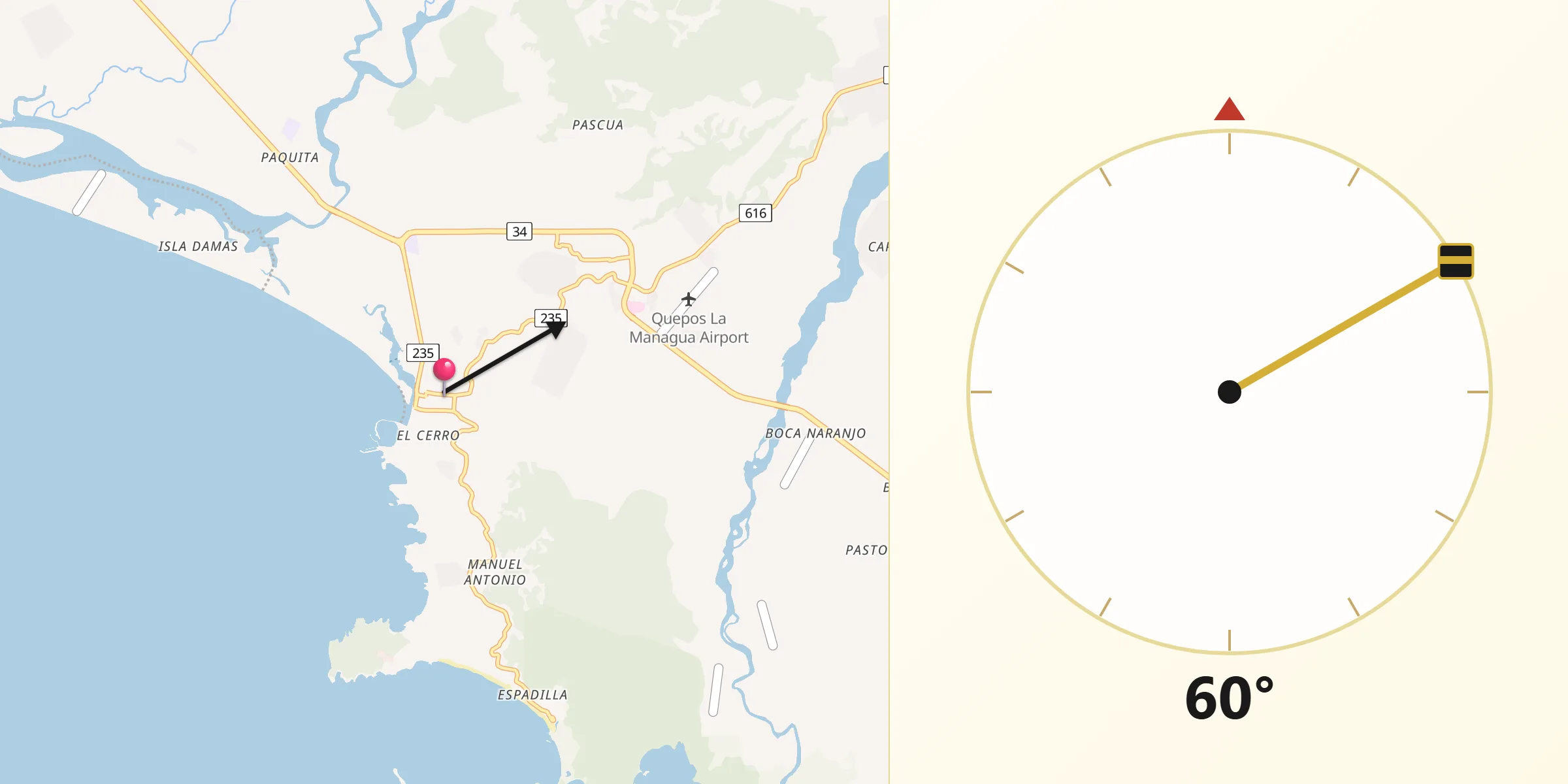 Dirección de la Qibla desde Quepos
