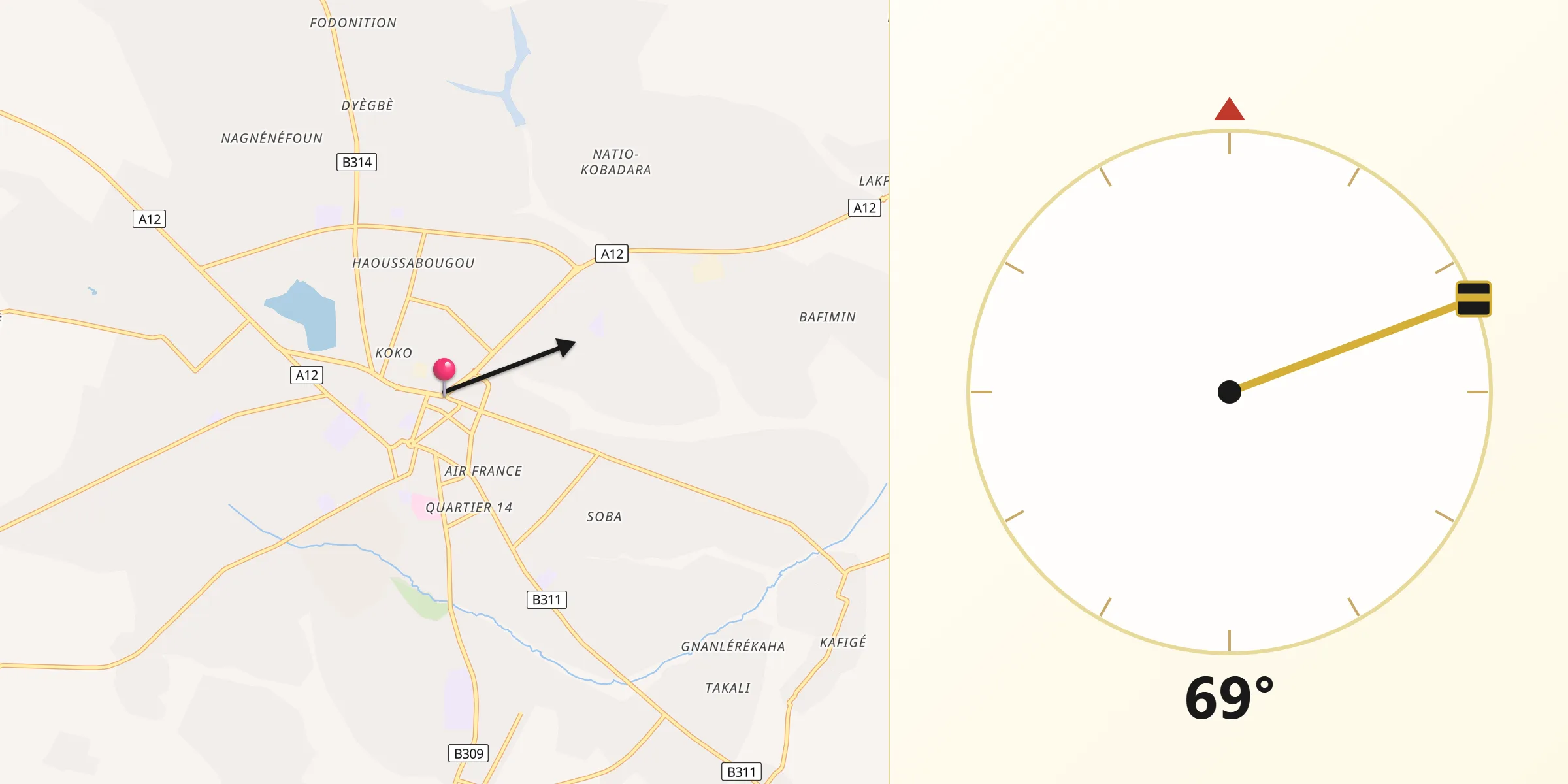 Direction vers la Qibla depuis Korhogo