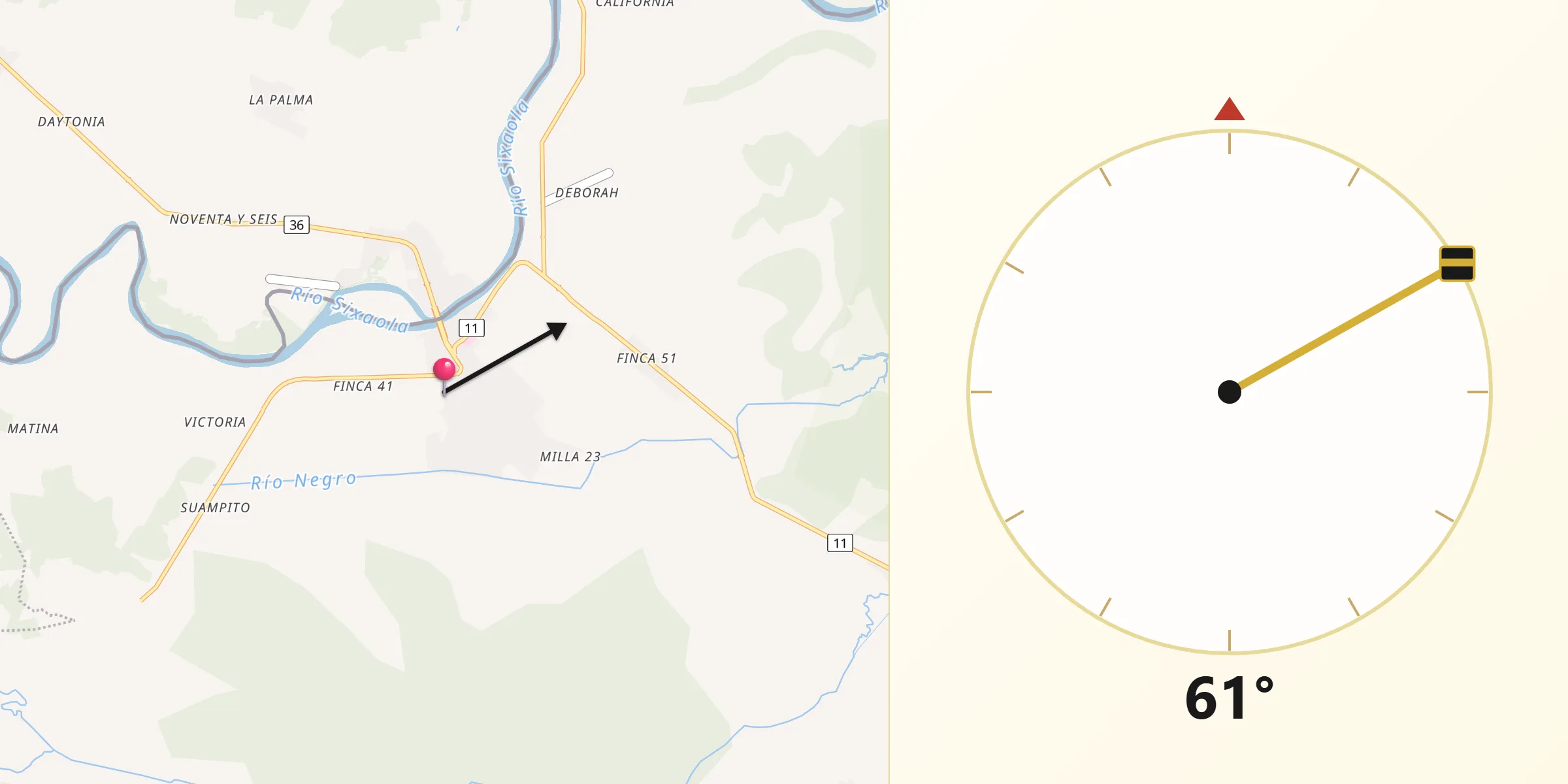 Dirección de la Qibla desde Guabito