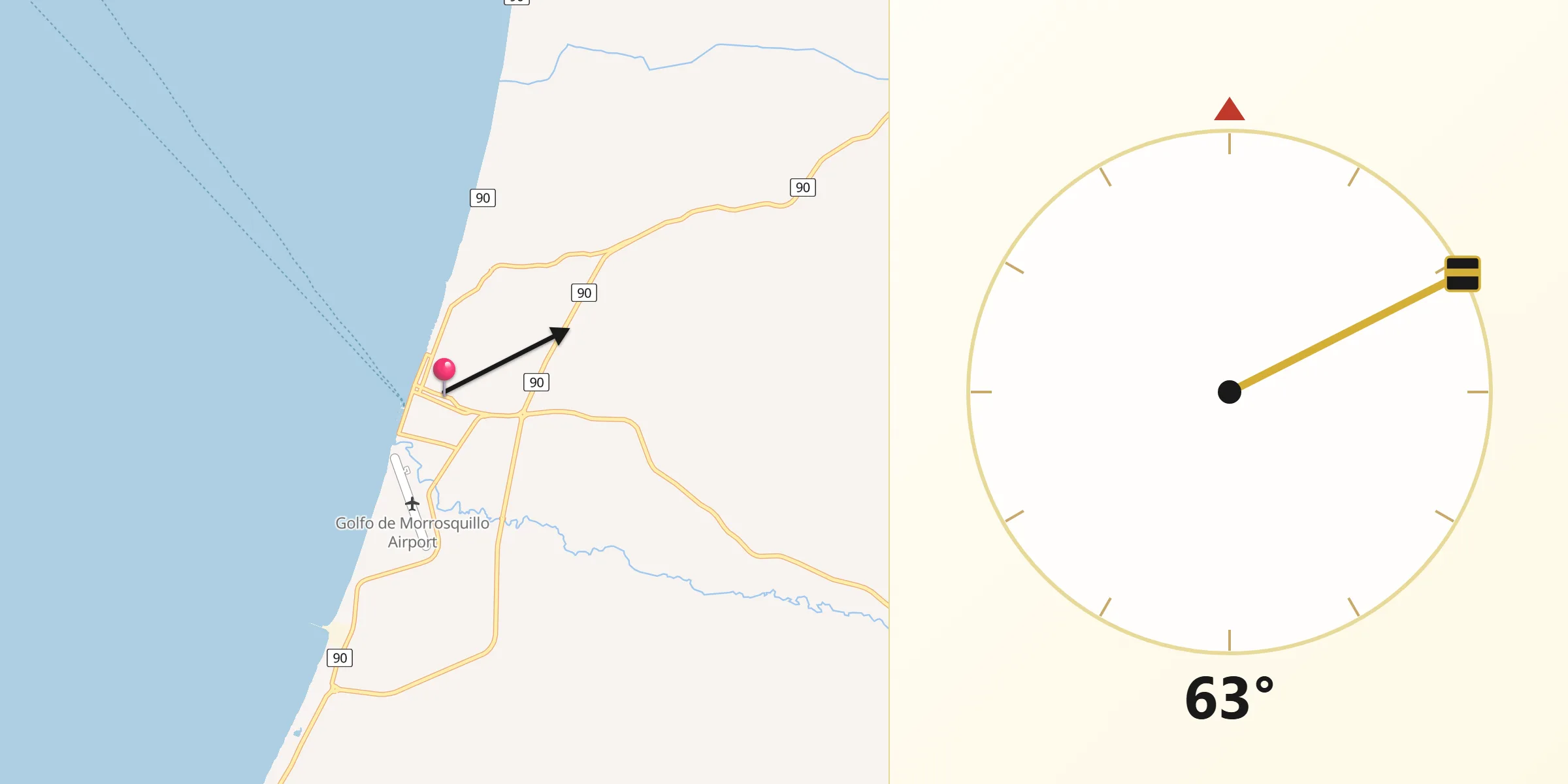 Dirección de la Qibla desde Santiago de Tolú