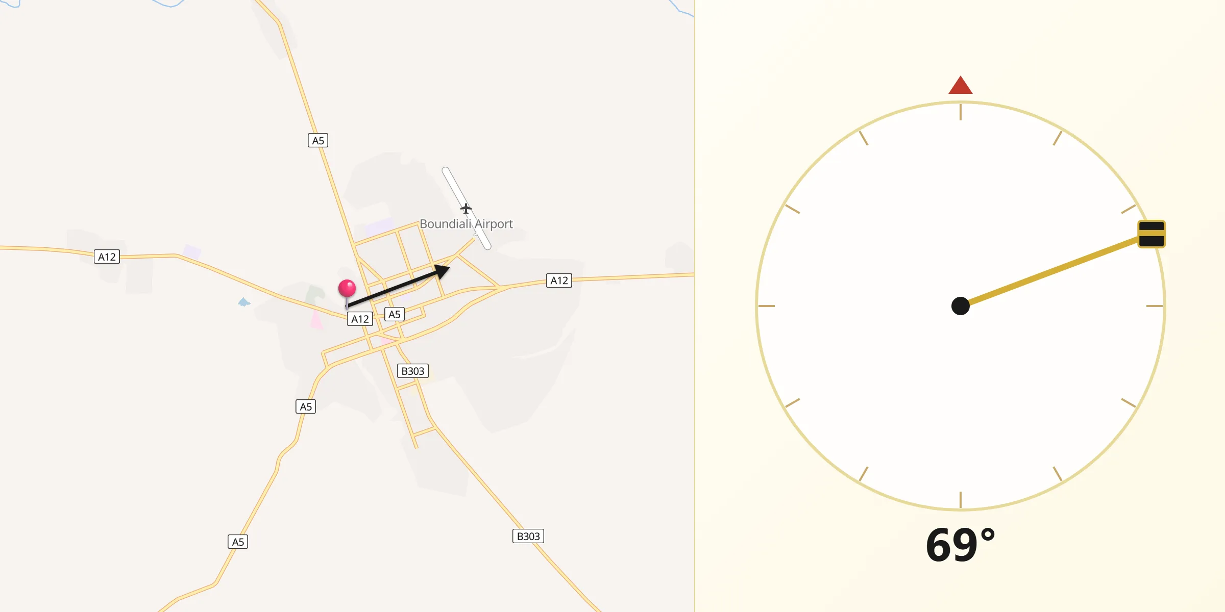 Direction vers la Qibla depuis Boundiali